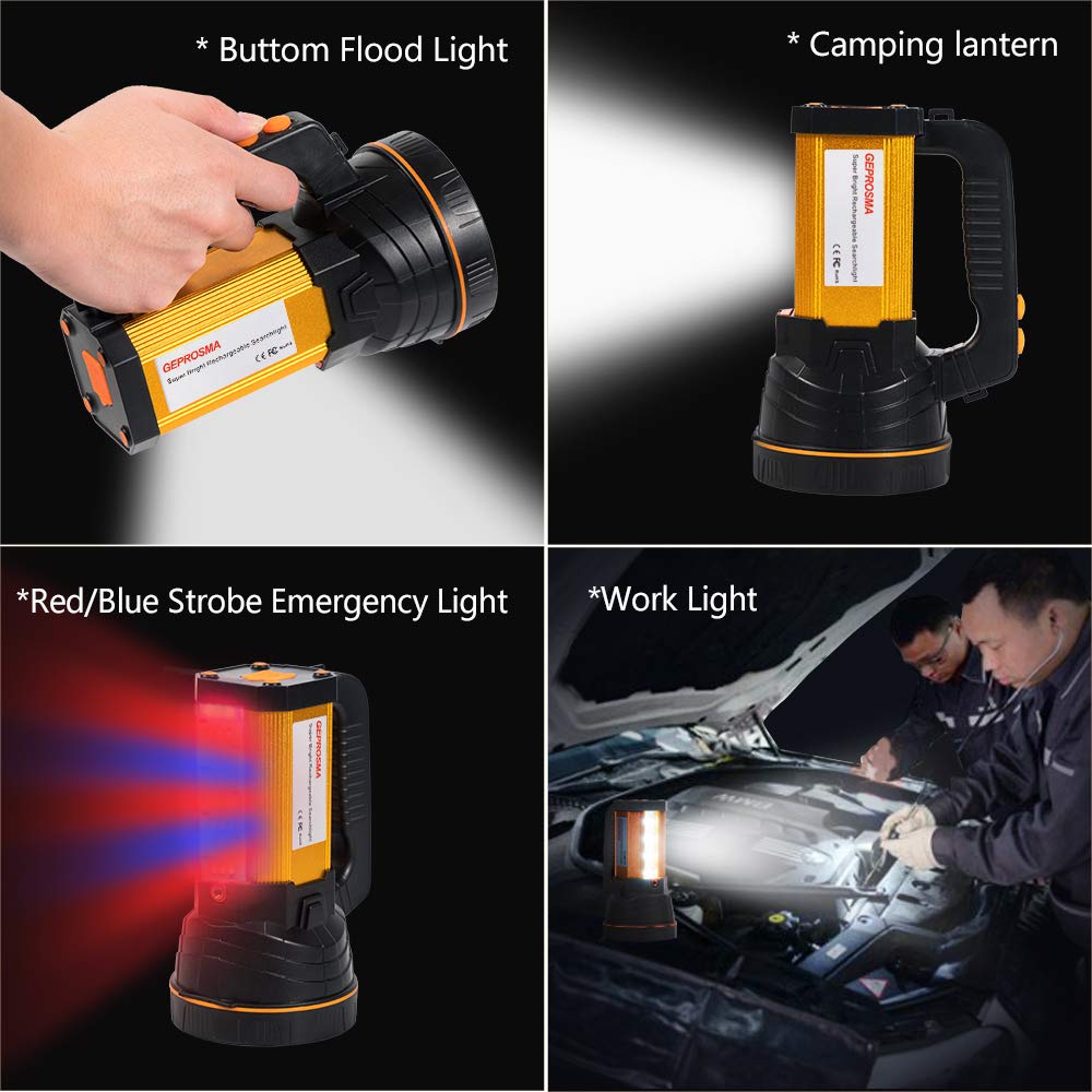 GEPROSMA High Lumens Rechargeable LED Flashlight, Super Bright Aluminum Spotlight, Model Facai, Portable Black Searchlight