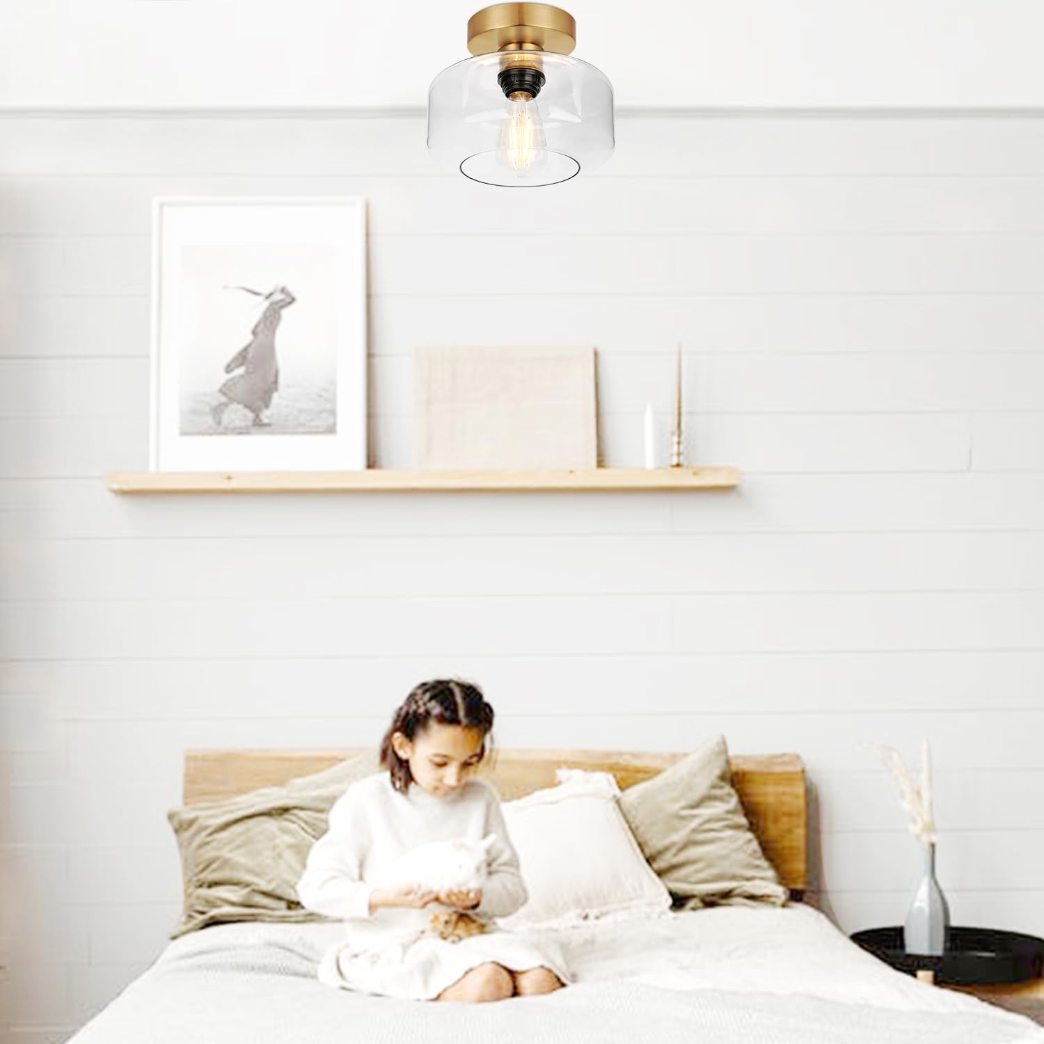 Lynnoland Industrial Semi Flush Mount Ceiling Light, 800 Lumen LED, Brushed Gold, Clear Glass Shade, Model N1900CL03