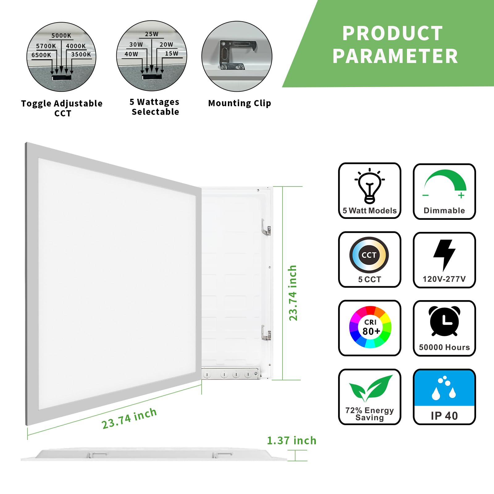 2 Pack 2X2 Led Flat Panel Light, 5 Cct 5 Power Modes Adjustable Led Ceiling Lights, 40W/5000Lm Recessed Drop Ceiling Lights Fixt
