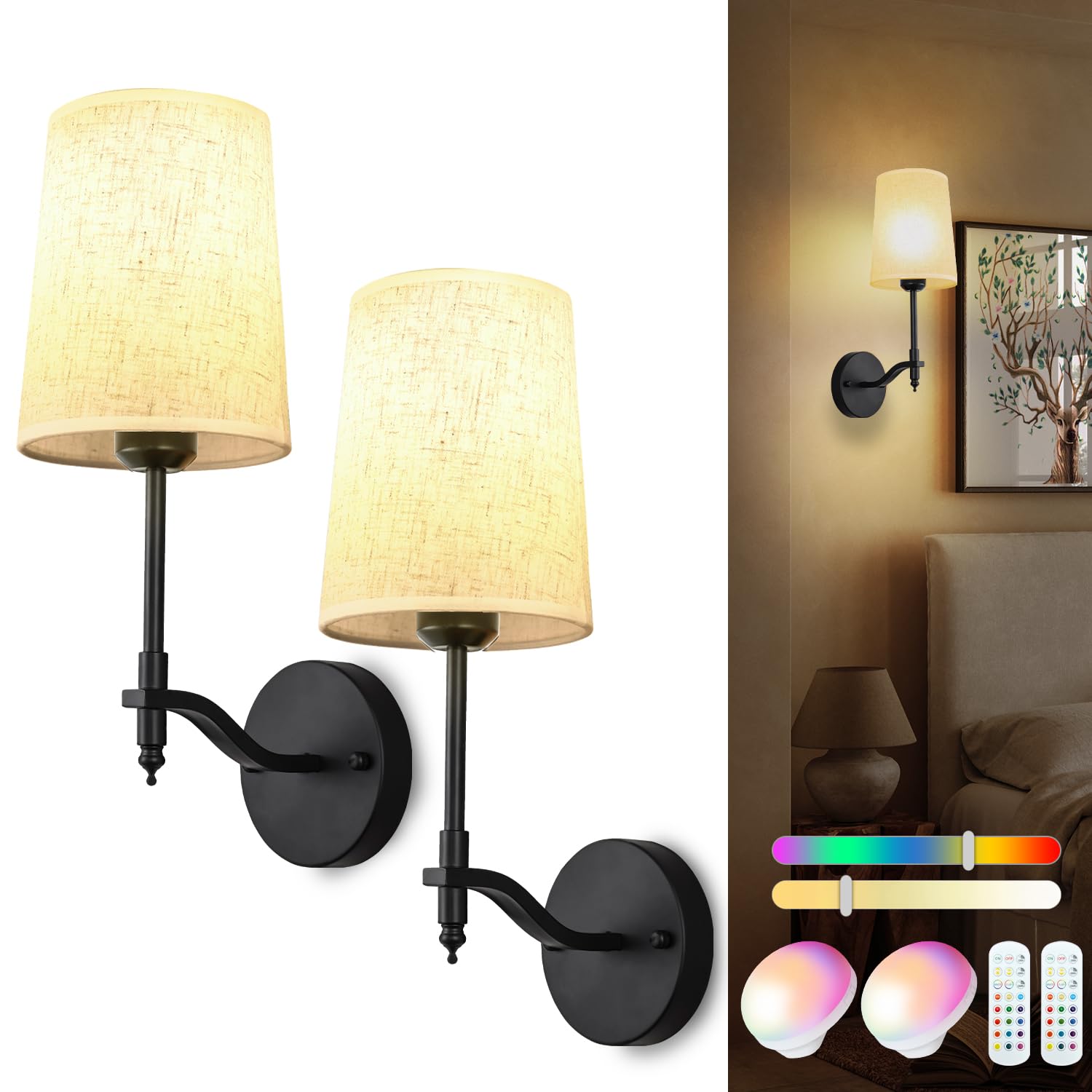 Troconce Battery Operated Wall Sconces Set Of 2, Black Rechargeable Wall Lights With 15 Rgb Dimmable Detachable Bulbs And Remote