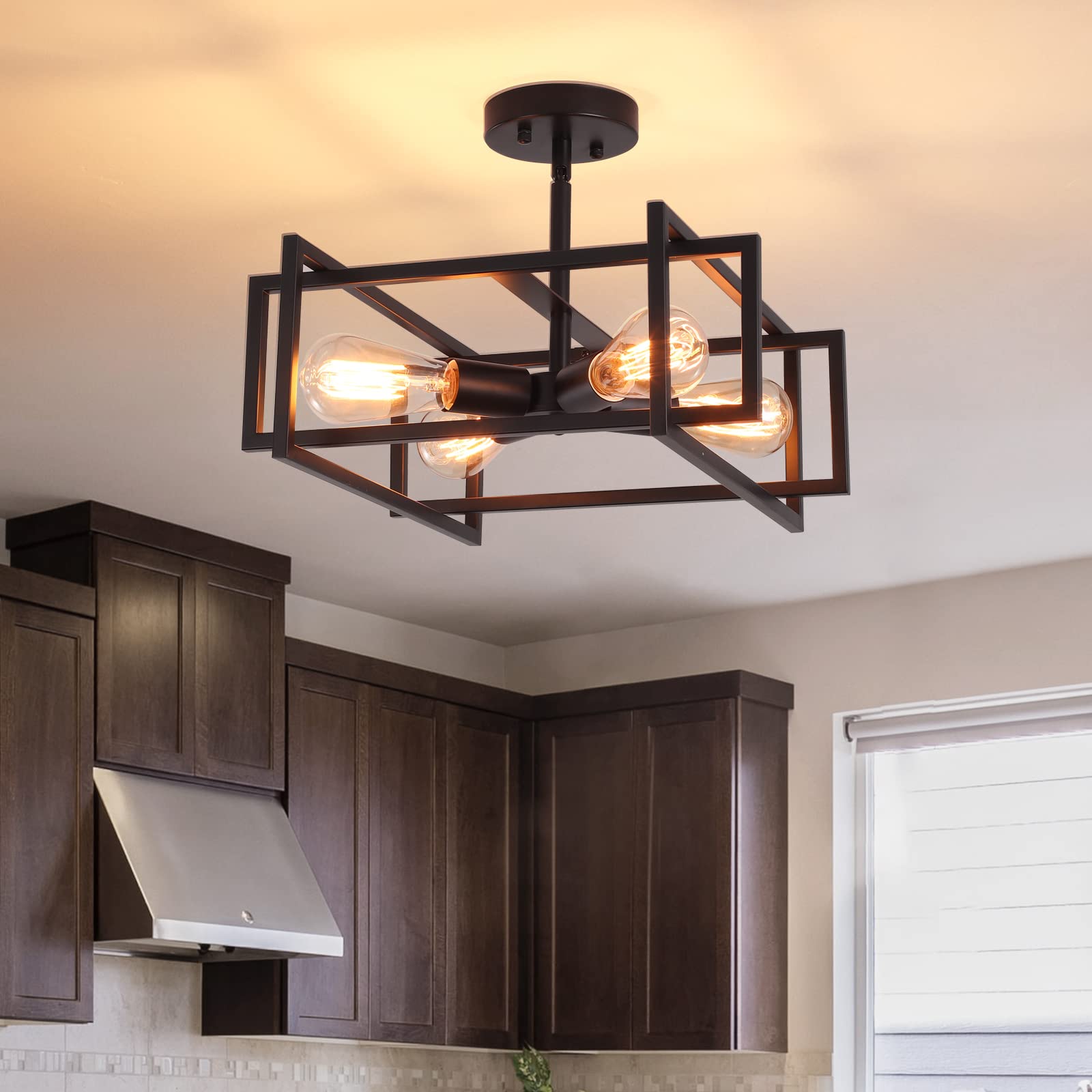 Febeleven Metal Semi Flush Mount Ceiling Light Fixture, 4-Light Black Industrial Ceiling Lamp Rustic Vintage Farmhouse Lighting Chandelier Light For Kitchen Island Hallway Dining Room