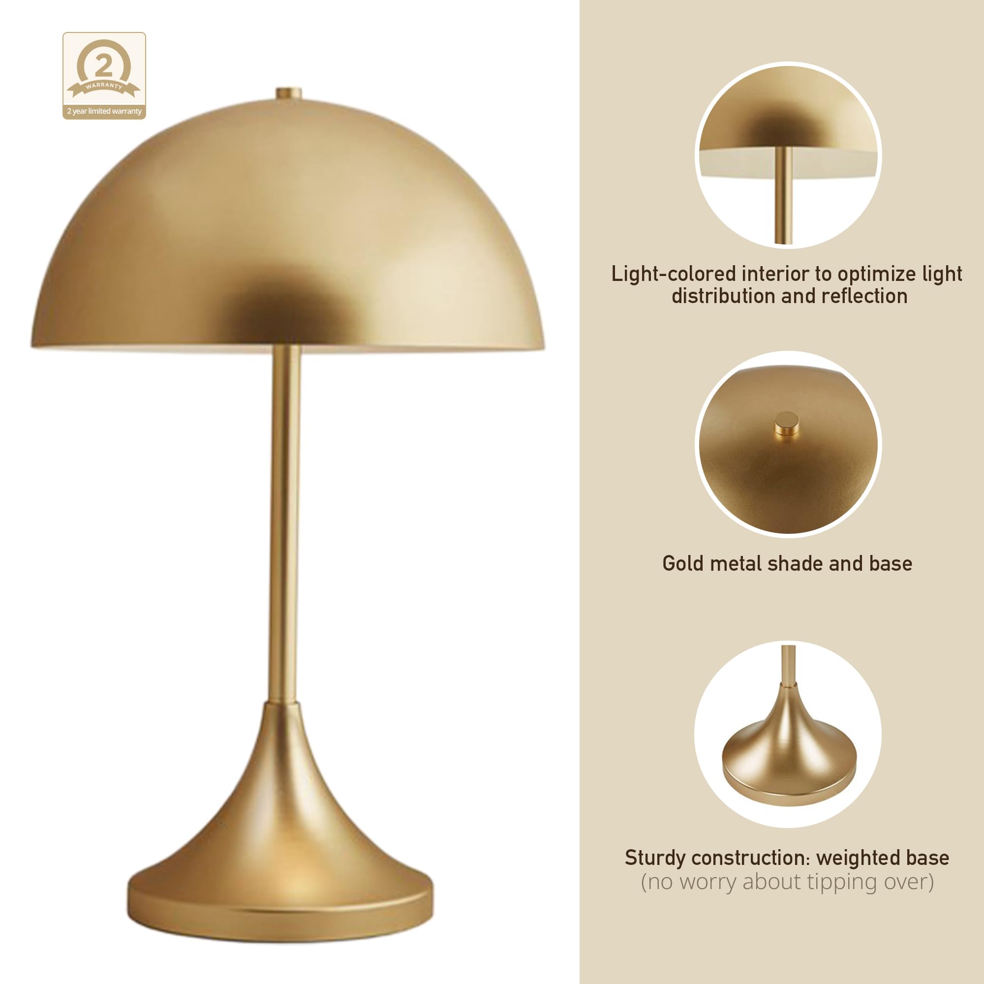 Ink+Ivy Table Lamp For Bedroom - Large Metal Dome Nightstand Lamp, Modern Gold Bedside Lamp With Curved Base, Clear Polarized Cord, In Line Switch, Gold Accent Lamp Decor, 24.5&quot; H Gold