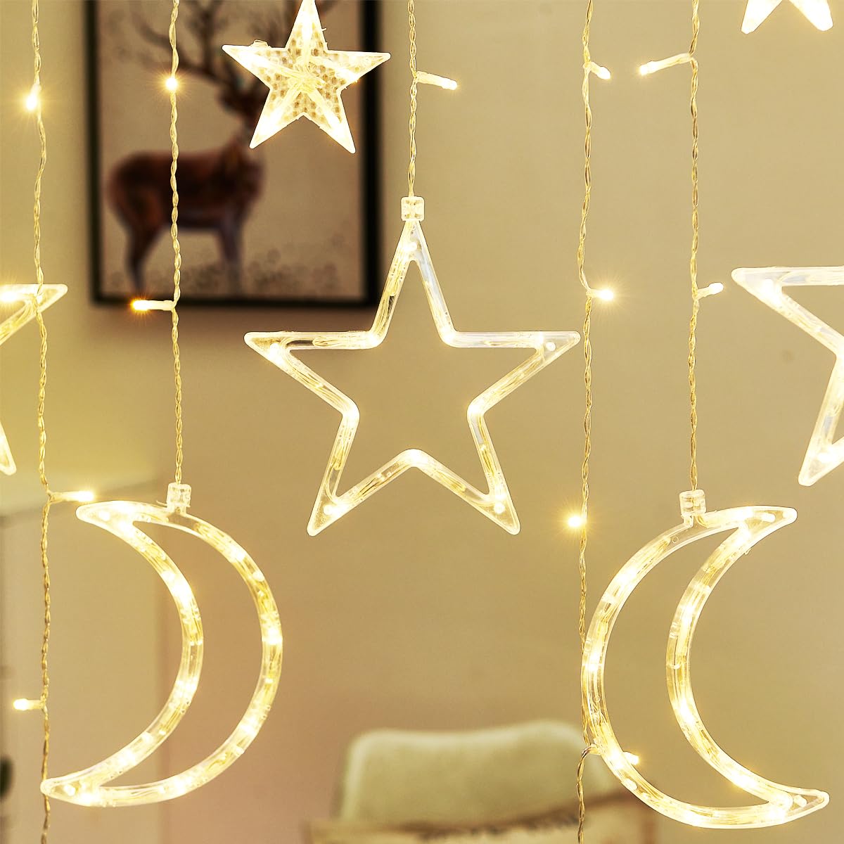 Alfeund 7.5Ft Decorative Starry String Curtain Lights Moons And Stars Led Night Light For Home Decoration Party,Remote Control Usb Powered