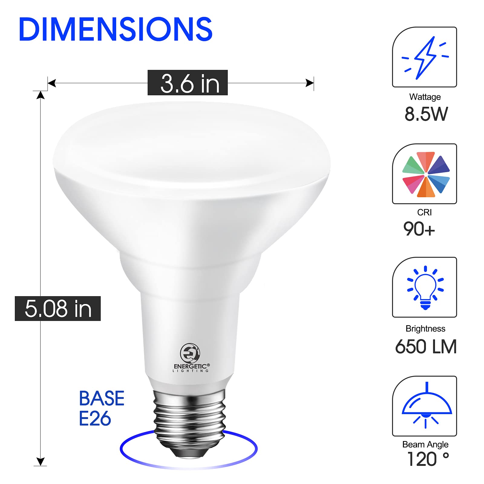 E ENERGETIC LIGHTING BR30 LED Light Bulbs 12 Pack, Dimmable, 8.5W=65W, 5000K Daylight, E26 Base,
