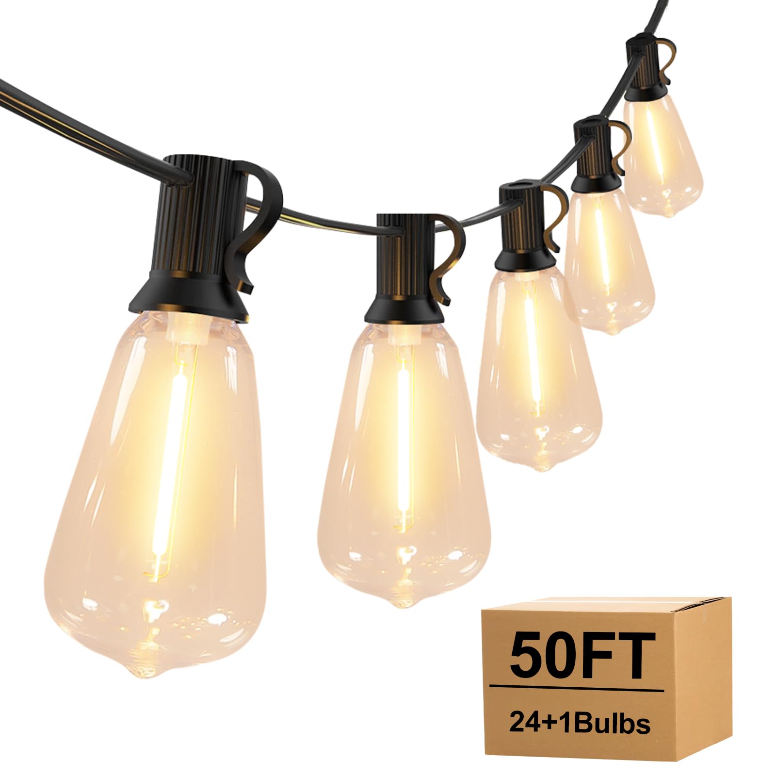 TAICORE Outdoor String Lights with ST38 Clear Globe Bulbs, Black Cord, Waterproof LED Edison Filament Decorative Lighting for Pa
