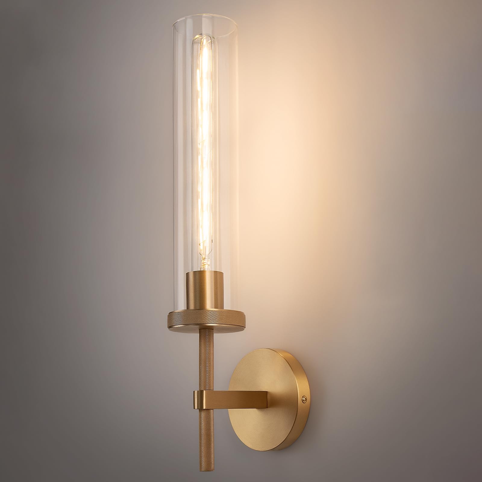 19.5 Knurled Brass Wall Sconce with Clear Glass Tube, Gold Bathroom Vanity Light Fixtures, Modern Lamp Lighting for Bedroom, Liv