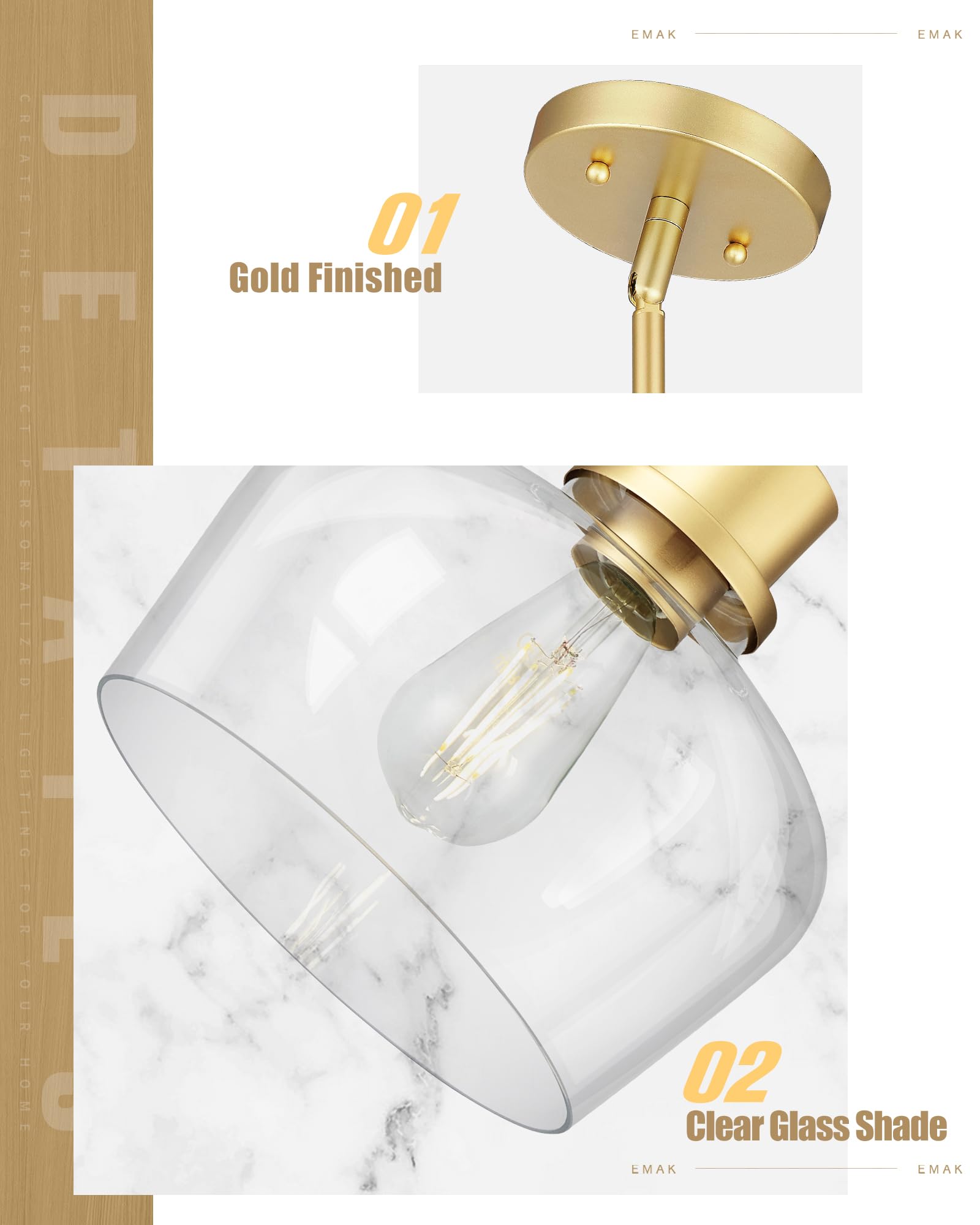 Emak Modern Gold Pendant Lights Kitchen Island, 10 Inch Large Pendant Light Fixtures With Clear Glass Shade For Kitchen, Dining