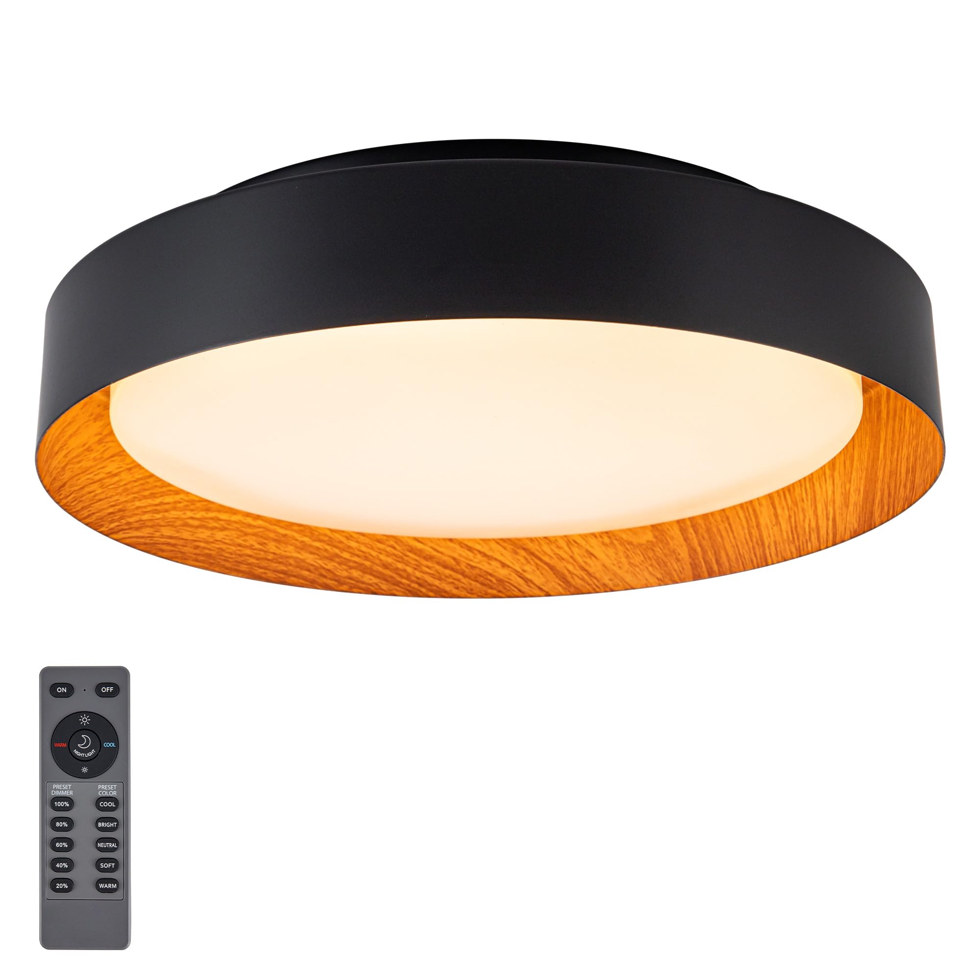 12 Inch LED Flush Mount Ceiling Light with Remote, 18W Flush Mount Light Fixture in Black and Wood Finish, Dimmable Ceiling Ligh