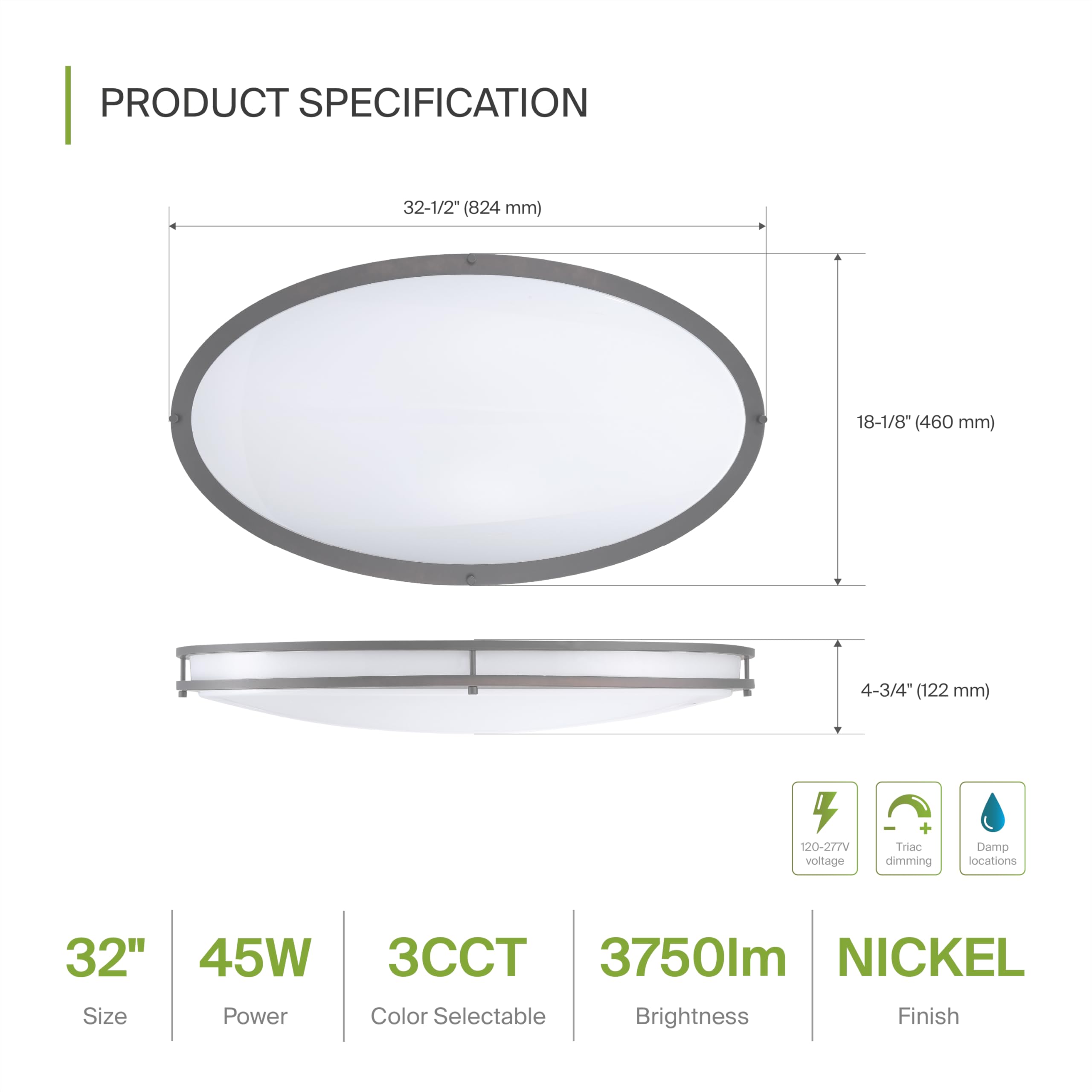 ASD LED Flush Mount Light Fixture, 45W, 3750LM, Dimmable, 32 Inch, Brushed Nickel, 2 Pack, Model A-LFMOV-M32D