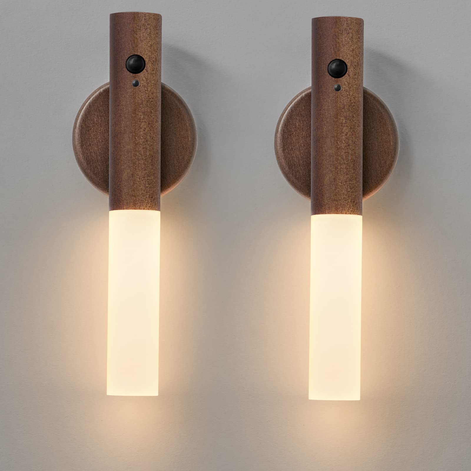 Montford Wall Sconces Set of Two - Battery Operated Motion Sensor Night Light, Magnetic, Rechargeable, Black Walnut Wood
