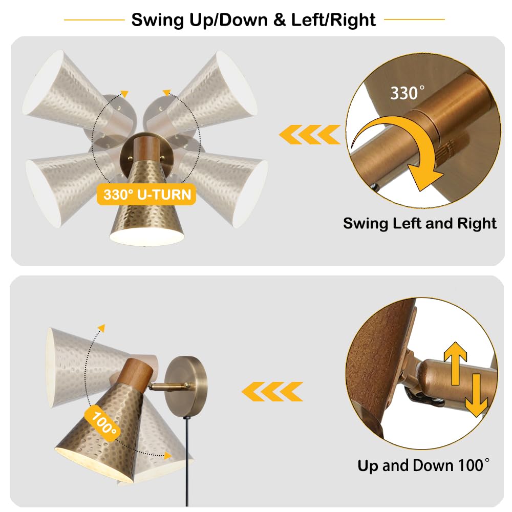 Dsmjfu Gold Plug In Wall Sconces Set Of 2, Modern Wall Lamp With Plug In Cord, Wooden Plug In Wall Light With Hammered Metal Shade,Wall Mounted Lamp For Bedroom, Living Room, Hallway, Bathroom