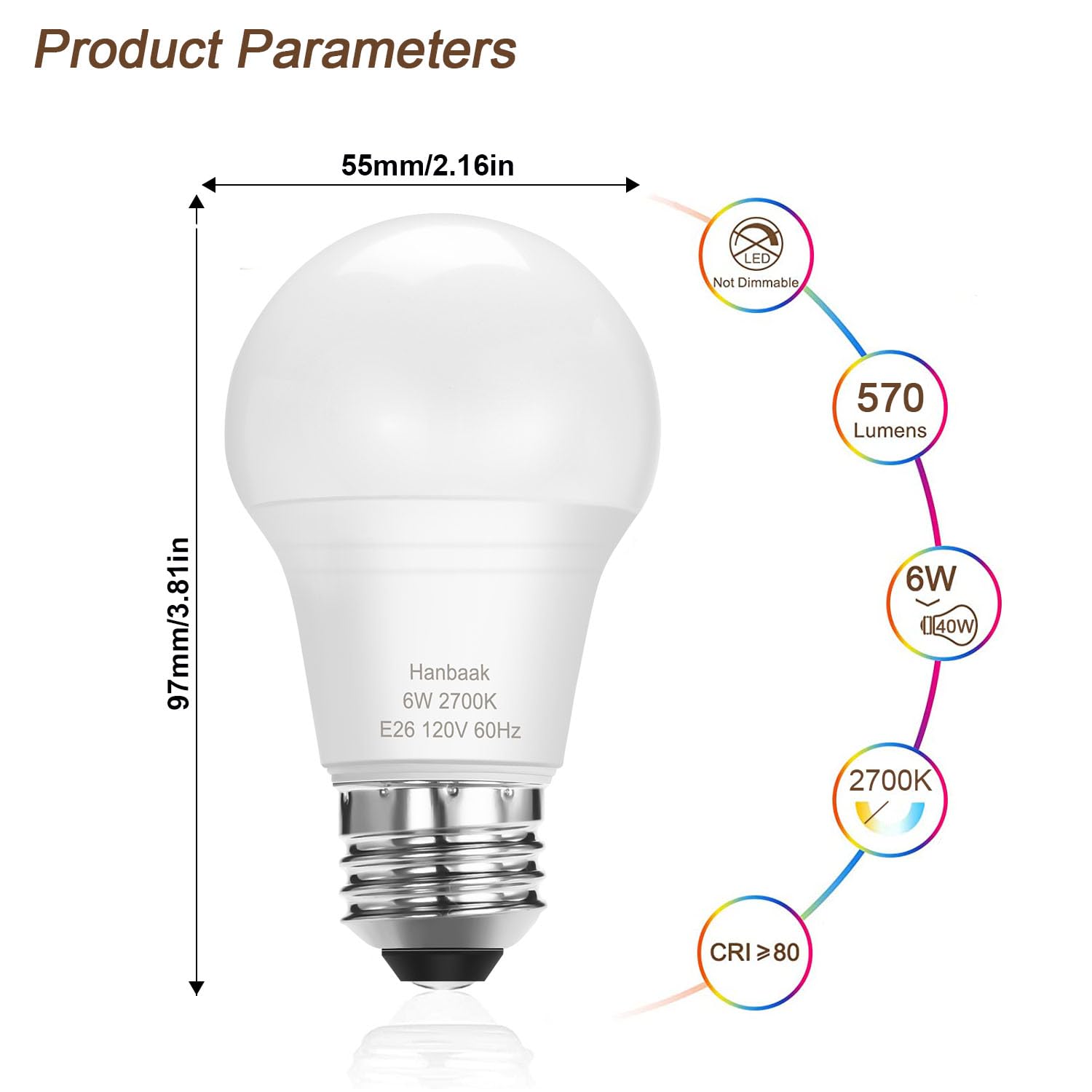 Hanbaak E26 Led Bulb, 40W Equivalent Light Bulb, 6W Medium Base Bulb, Non-Dimmable, Soft White 2700K, 4 Packs