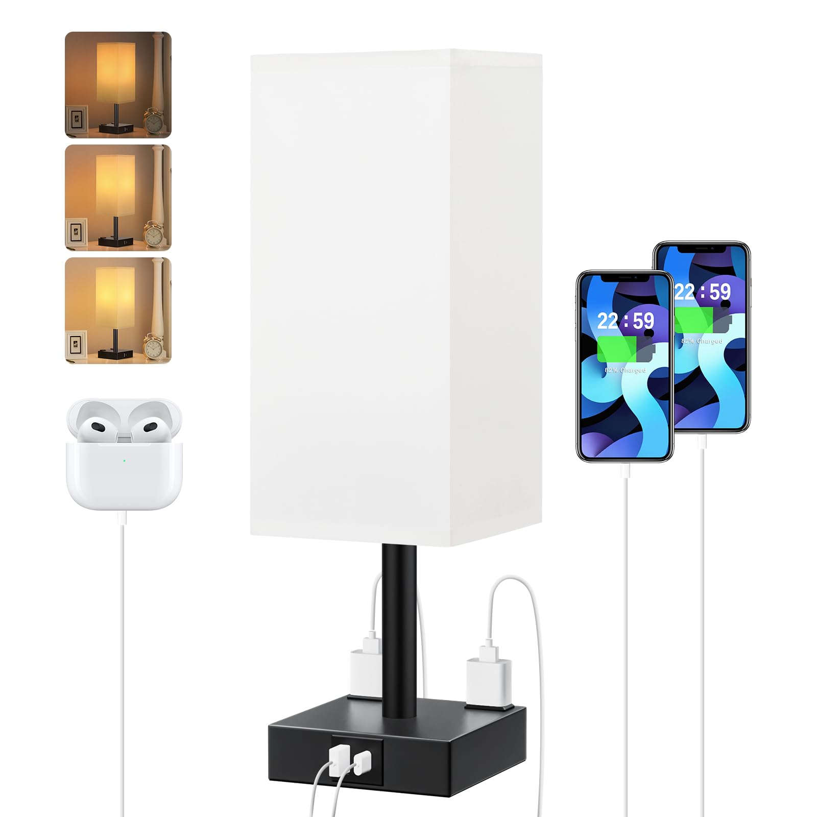 aooshine Touch Bedside Table Lamp - 3-Way Dimmable, USB A & Type C Ports, AC Outlets, 14in, Plastic, White & Black, Model 3