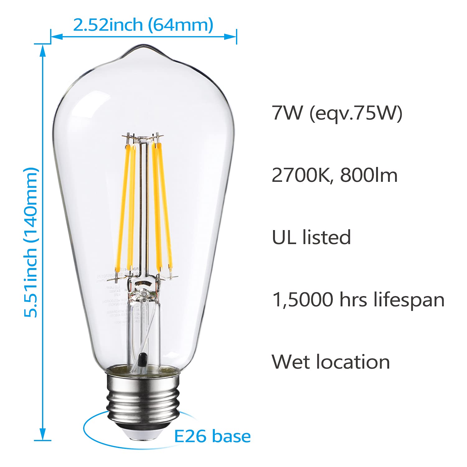 TORCHSTAR Vintage LED Edison Dusk to Dawn Bulbs, 7W Equivalent, Soft White, E26 Base, Clear Glass, Pack of 6
