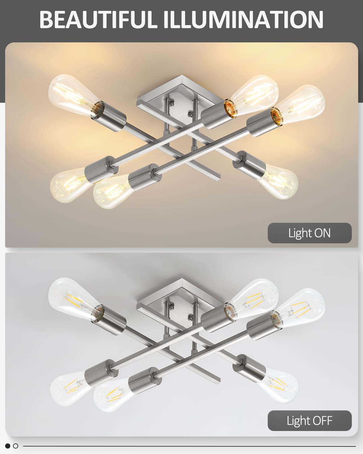 Eidonta 6-Light Semi Flush Mount Ceiling Light Fixture, Modern Brushed Nickel Sputnik Chandelier Lighting, Farmhouse E26 Stock C