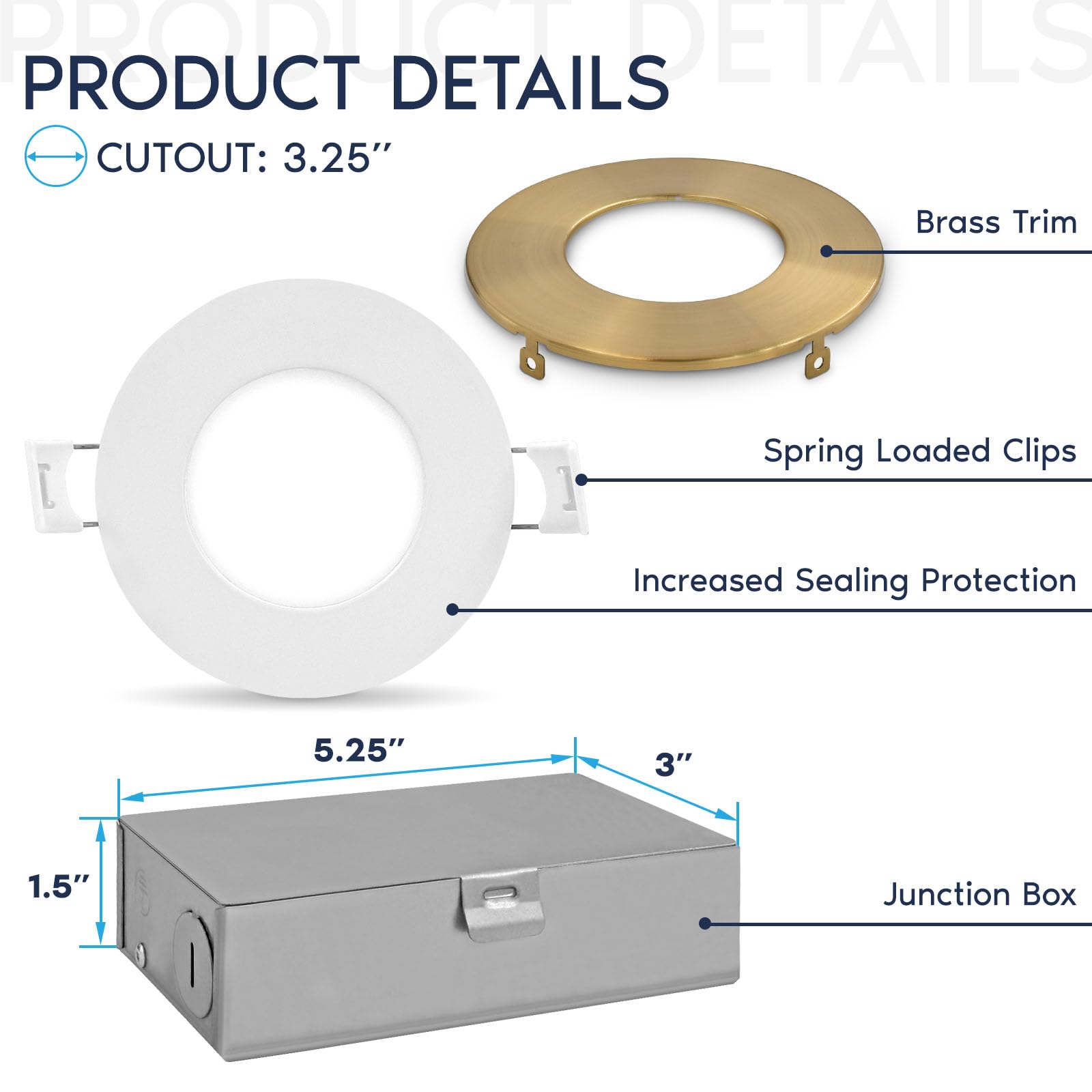 Luxrite 3 Inch Ultra Thin Led Recessed Light With J-Box, 8W, 5 Color Options 2700K | 3000K | 3500K | 4000K | 5000K, Dimmable Waf