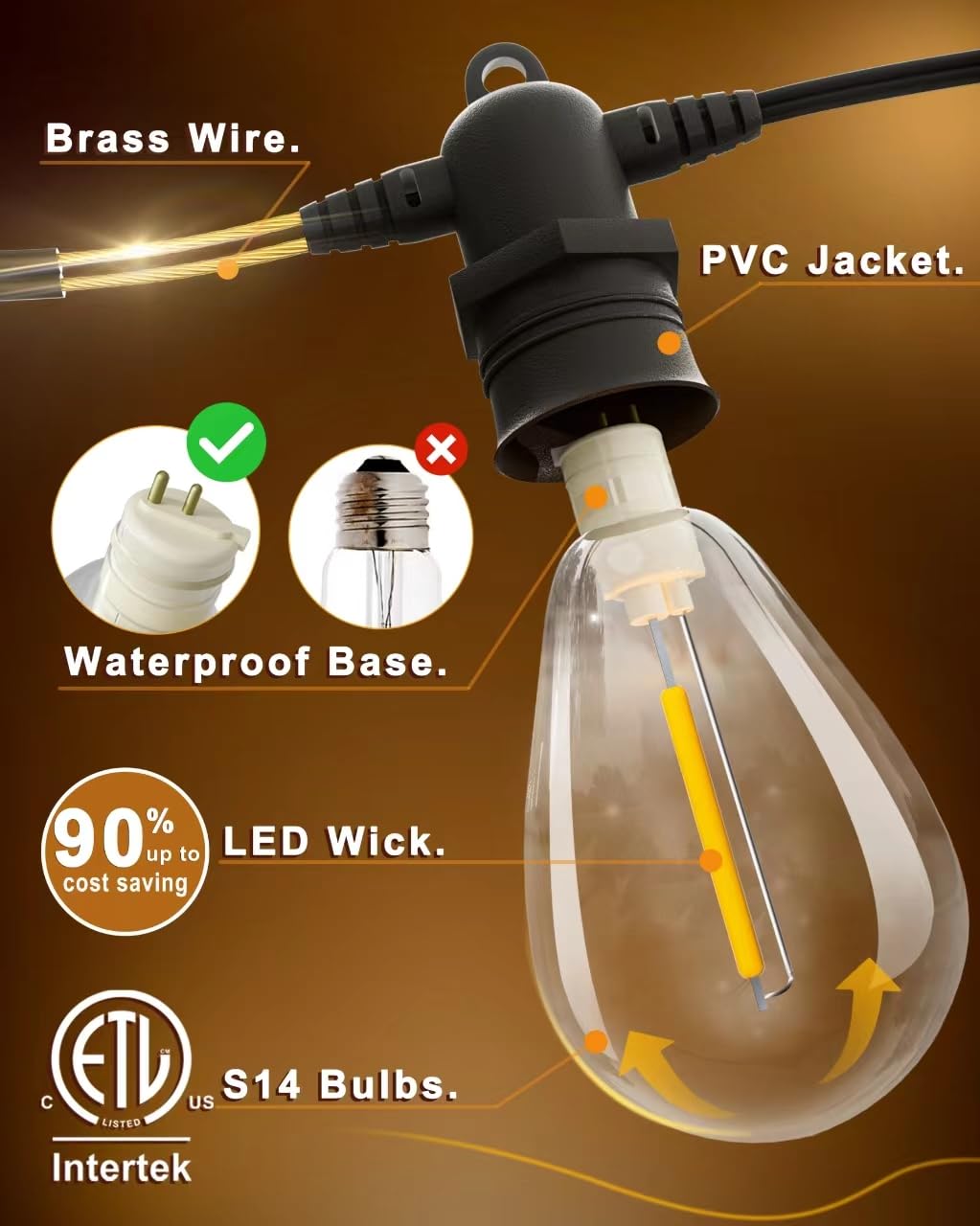 Jerritte LED Outdoor String Lights, 150FT, Warm White, 45 Shatterproof Bulbs, IP65 Waterproof, Model JR-S14-60, Dimmable Commercial Grade