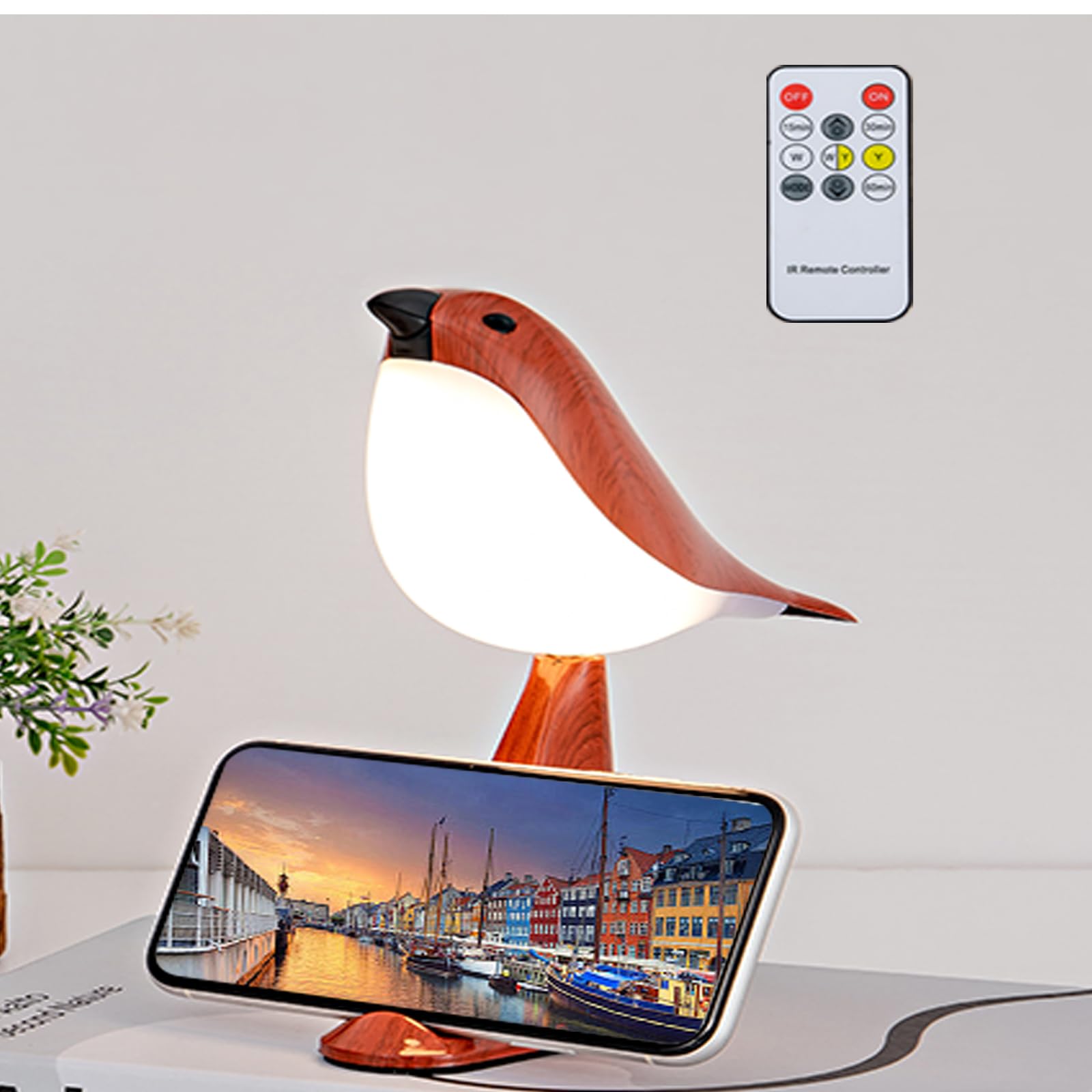 THOEWONG Small Bird Desk Lamp, Rechargeable, 3 Color Temperatures, Remote Control, Brown Color, Model bird03