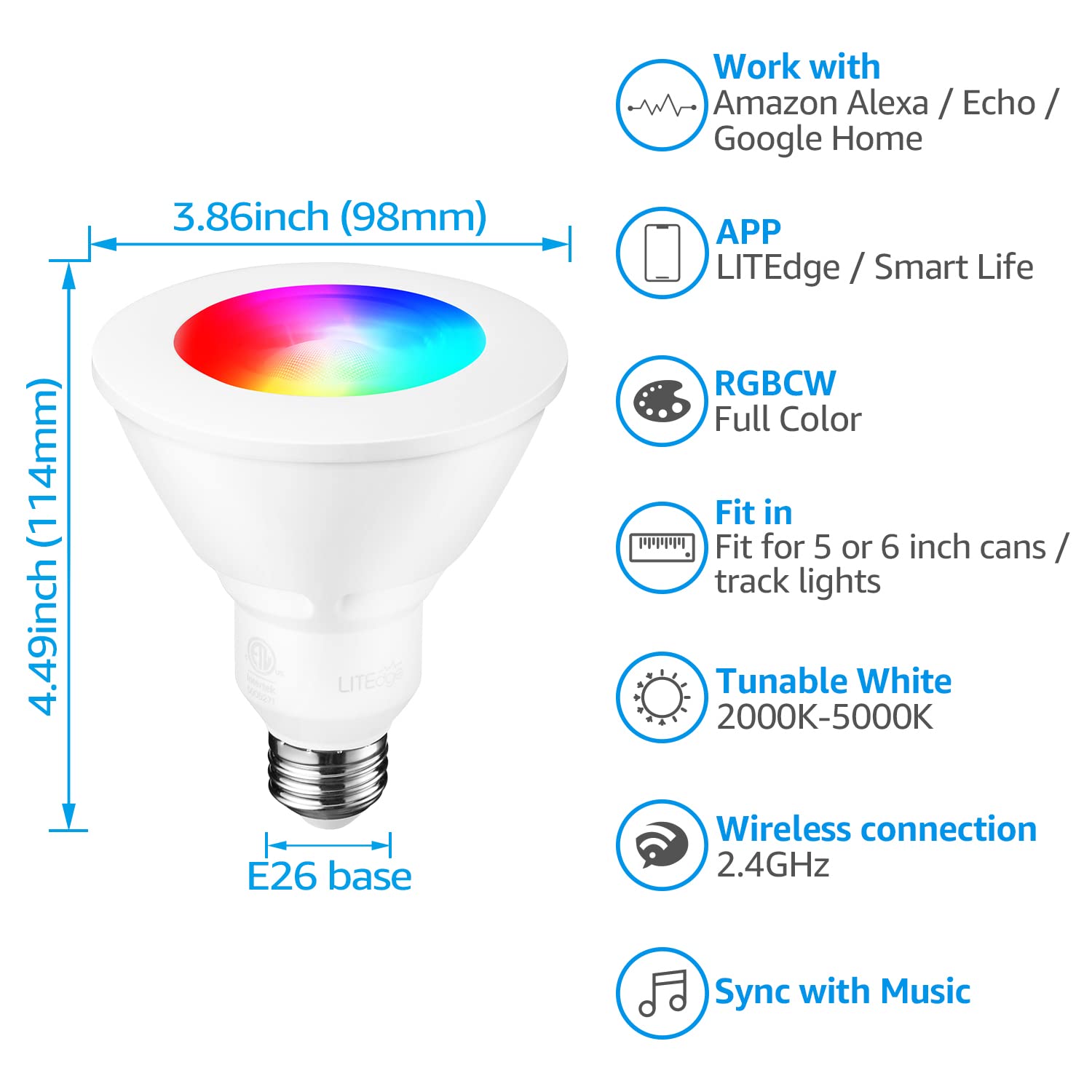 Torchstar Par30 Wifi Smart Spotlight Bulbs, Rgb Led Color Changing, Google Assistant Amazon Alexa Compatible, 60W Equivalent, 20