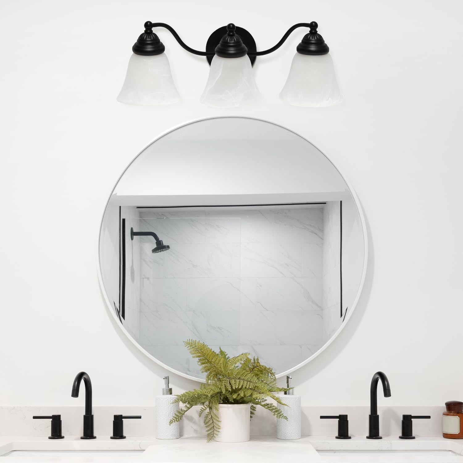 Simple Designs VT1023-BLK 19.25 Classic 3 Light Winding Metal and Frosted Marble White Bell Shape Glass Shades Decorative Wall M