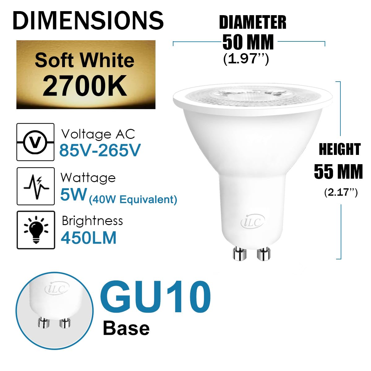 ILC GU10 LED Light Bulb, 5W Dimmable RGB, Warm White 2700K, Color Changing, Pack of 8