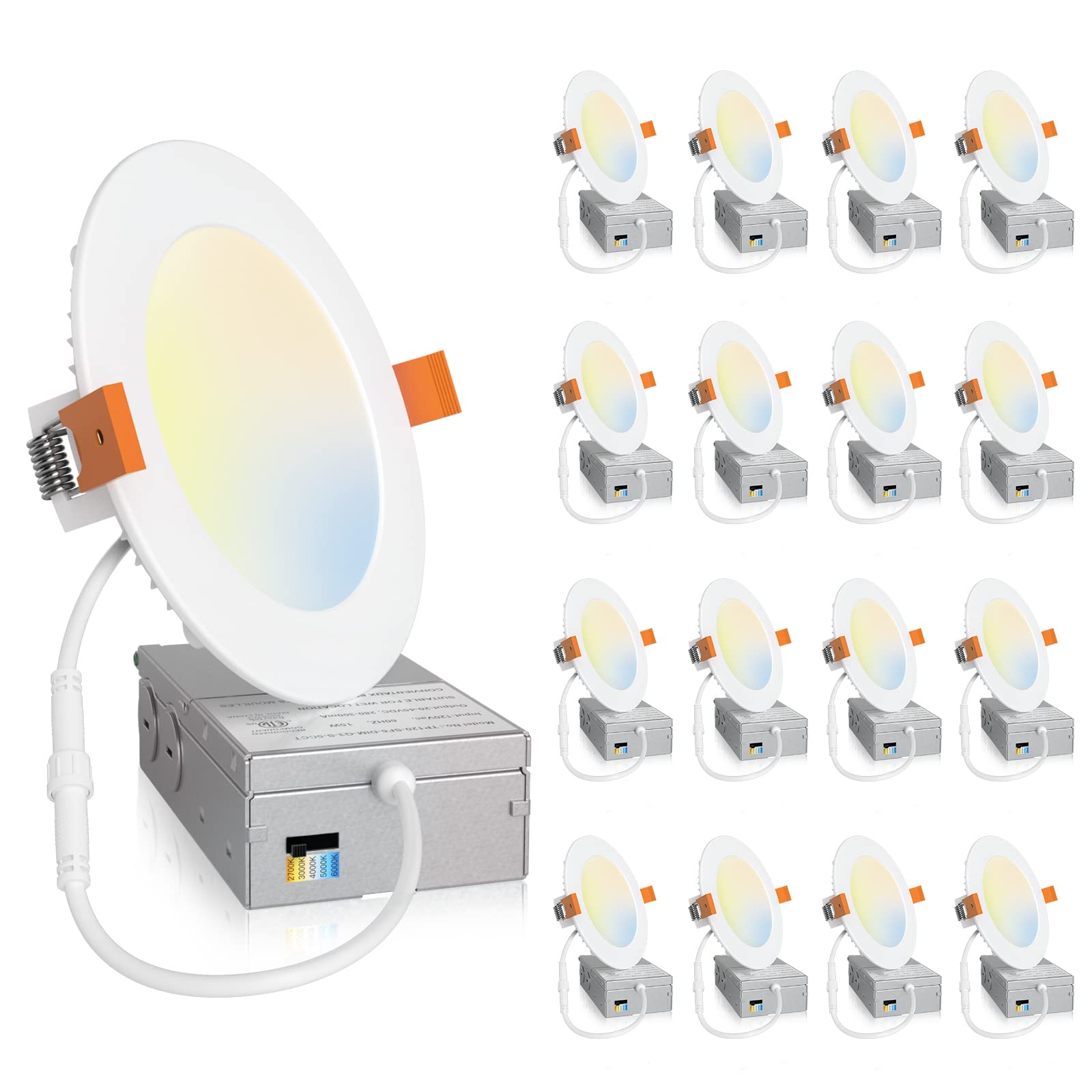 Amico 16 Pack 4 Inch 5Cct Ultra-Thin Led Recessed Ceiling Light With Junction Box, 2700K/3000K/4000K/5000K/6000K Selectable, 11W Eqv 70W, Dimmable Can-Killer Downlight, 800Lm High Brightness - Etl