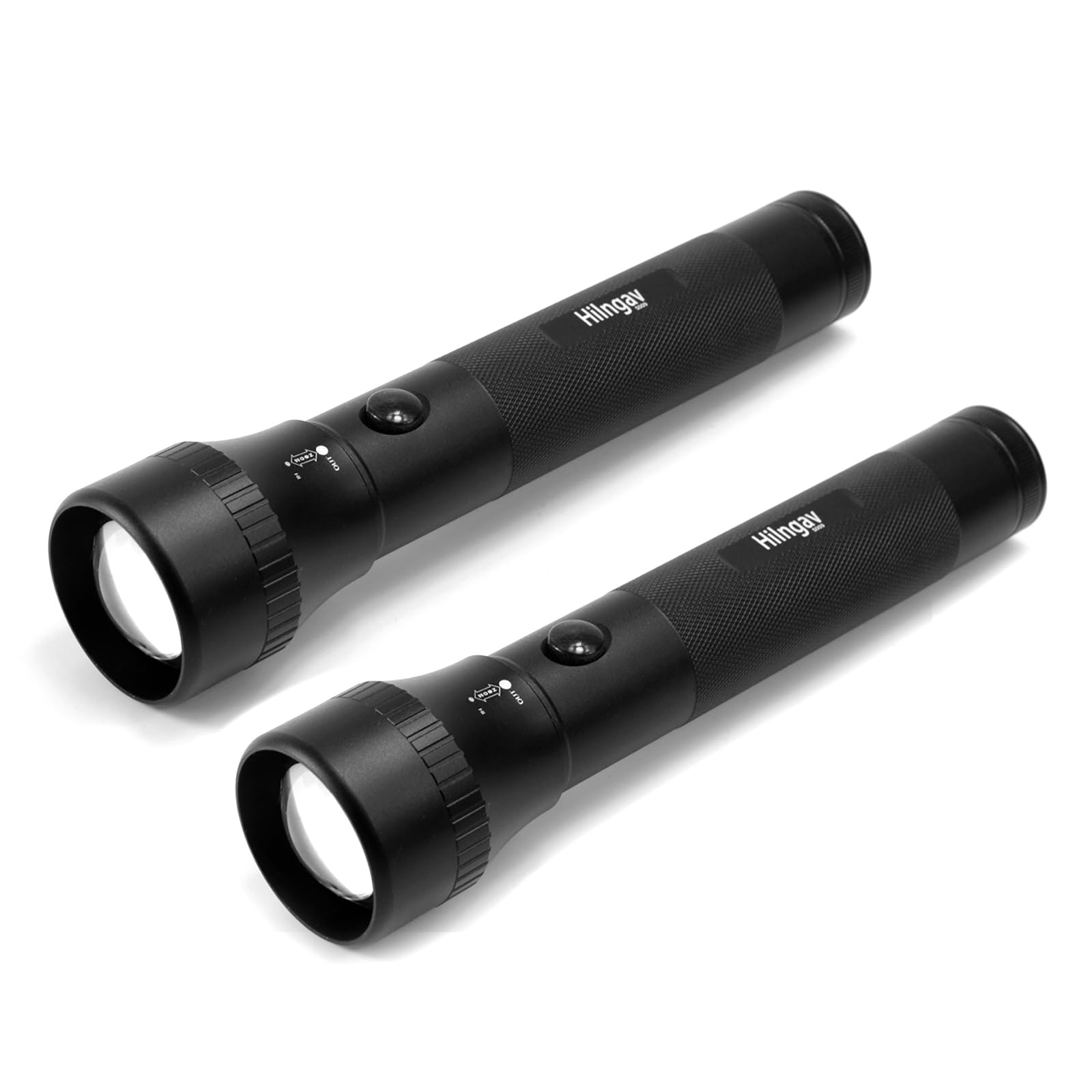 Hilngav 2-Cell D Battery LED Flashlight, Zoomable Torch, Aluminum, 2 Pack, Black, Model S009