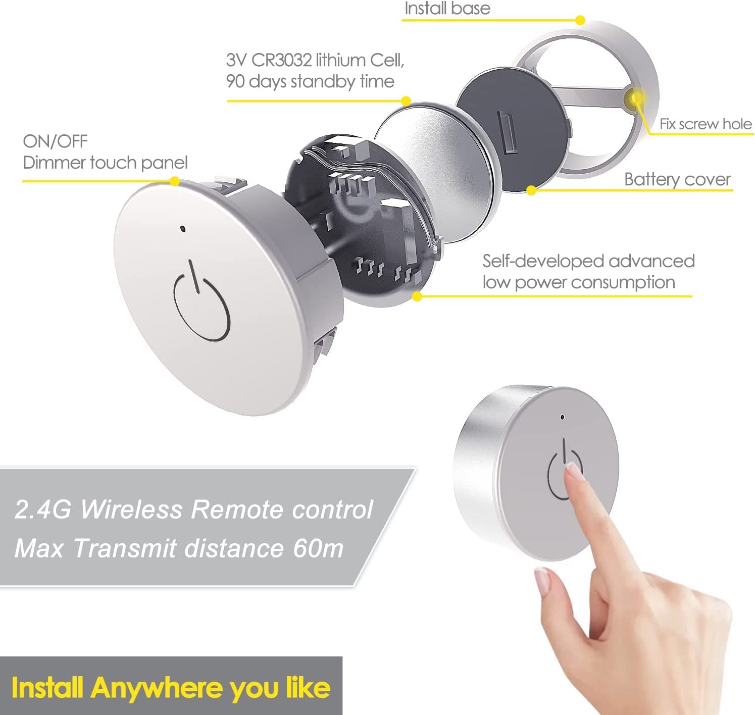 VST Under Cabinet Lighting 12V 2W Puck Light with Wireless Dimmer, White 6 Pack, 4000K, Recessed or Surface Mount