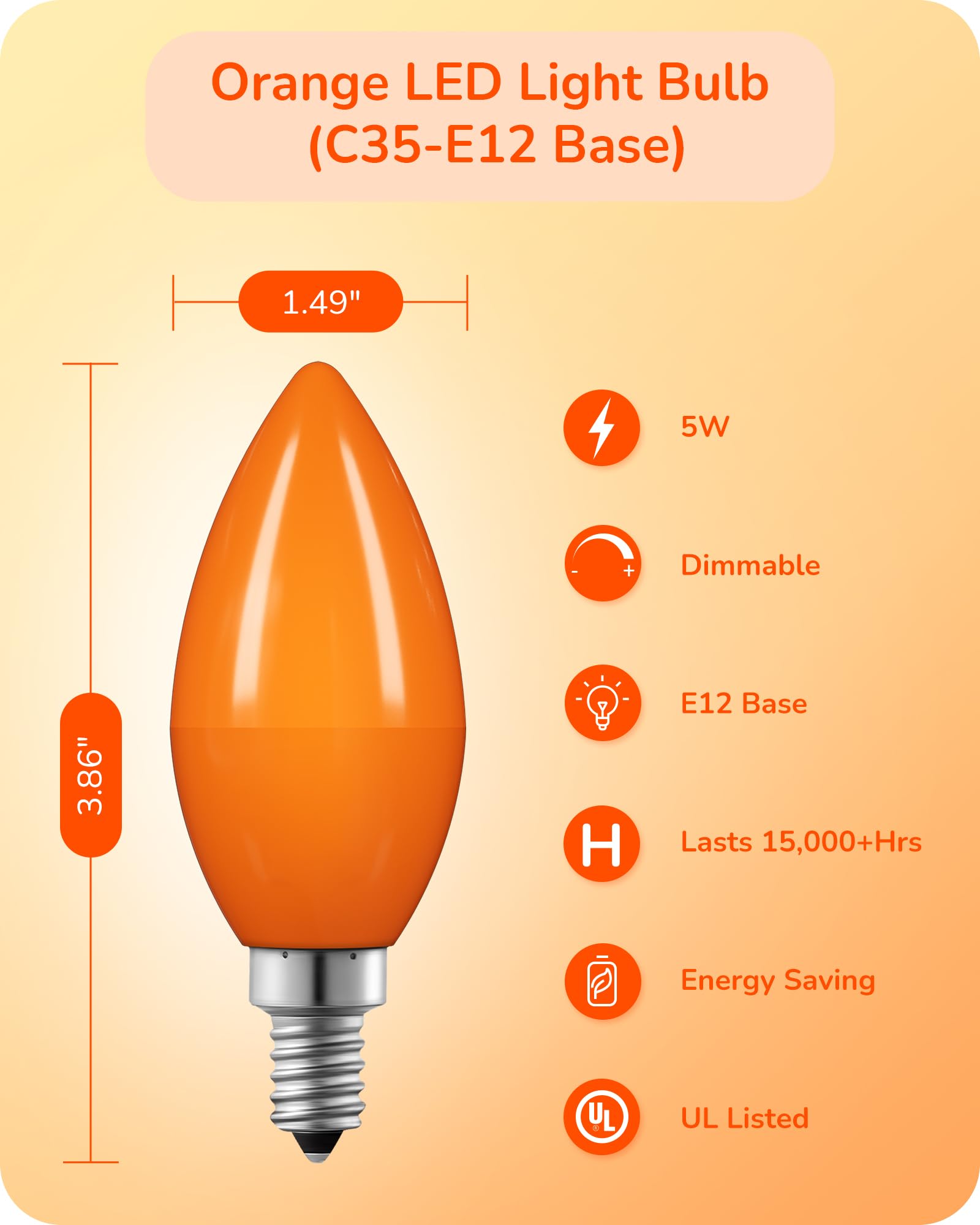 EDISHINE Halloween C35 Orange Dimmable LED Light Bulbs, E12 Candelabra Bulbs, 60 Watt Equivalent, LED Chandelier Bulb, Vintage C