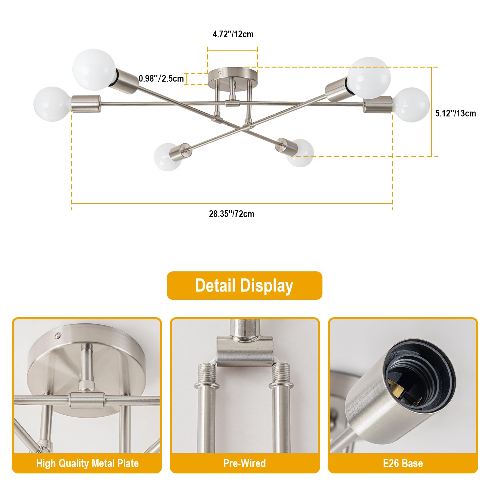 BrkNit 6-Light Modern Sputnik Chandelier, Silver Iron Semi Flush Mount, Model J0035-13