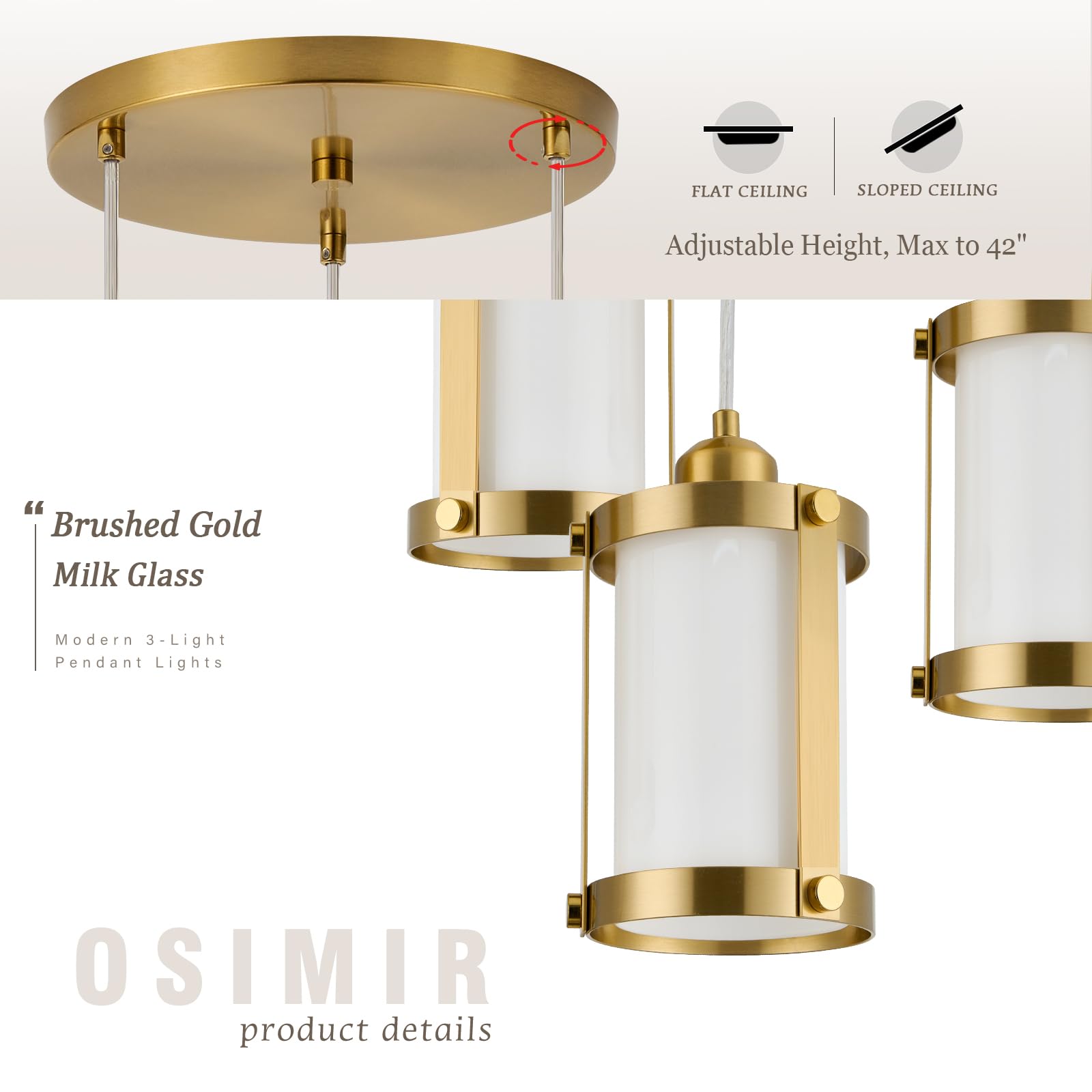 Osimir 3-Light Pendant Lighting, Brushed Gold Dining Room Chandelier Light Fixture Over Table With Milk Glass, Modern Cluster Ha