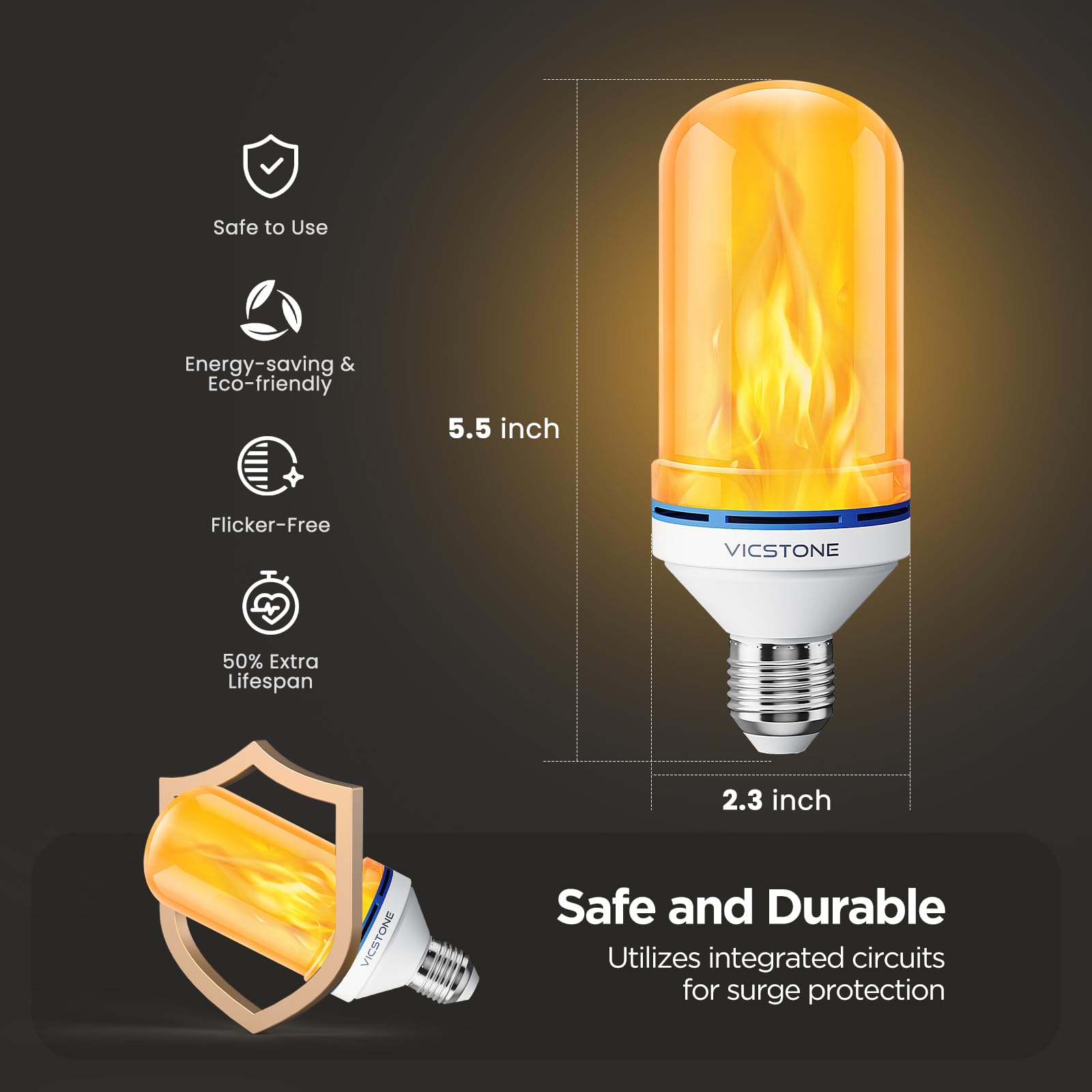 Vicstone Dusk to Dawn LED Flame Light Bulbs, 4 Modes E26, 2 Pack, Plastic, Outdoor Indoor Decorations for Halloween Christmas Party