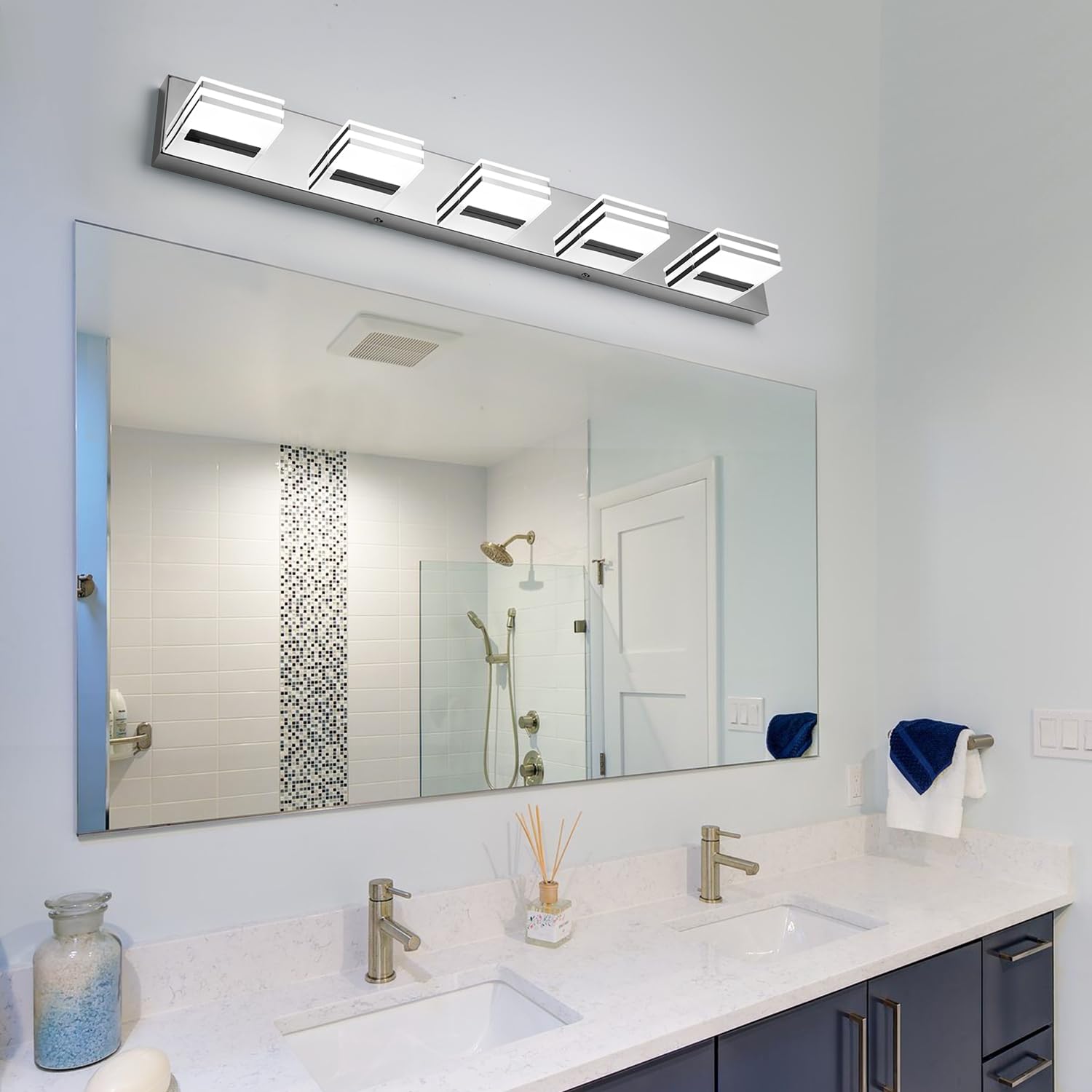 yumcrelect LED Vanity Lighting 5-Light Bath Wall Lamps 34-Inch Chrome Metal Model 6210 Not Dimmable