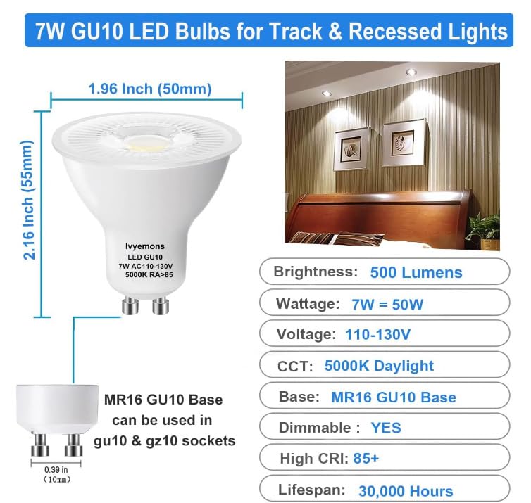 Ivyemons Gu10 Led Dimmable Bulb 5000K Daylight White Flicker-Free, Gu10 Bulb Led 7W 500Lm High Output, Equivalent 50W Traditiona