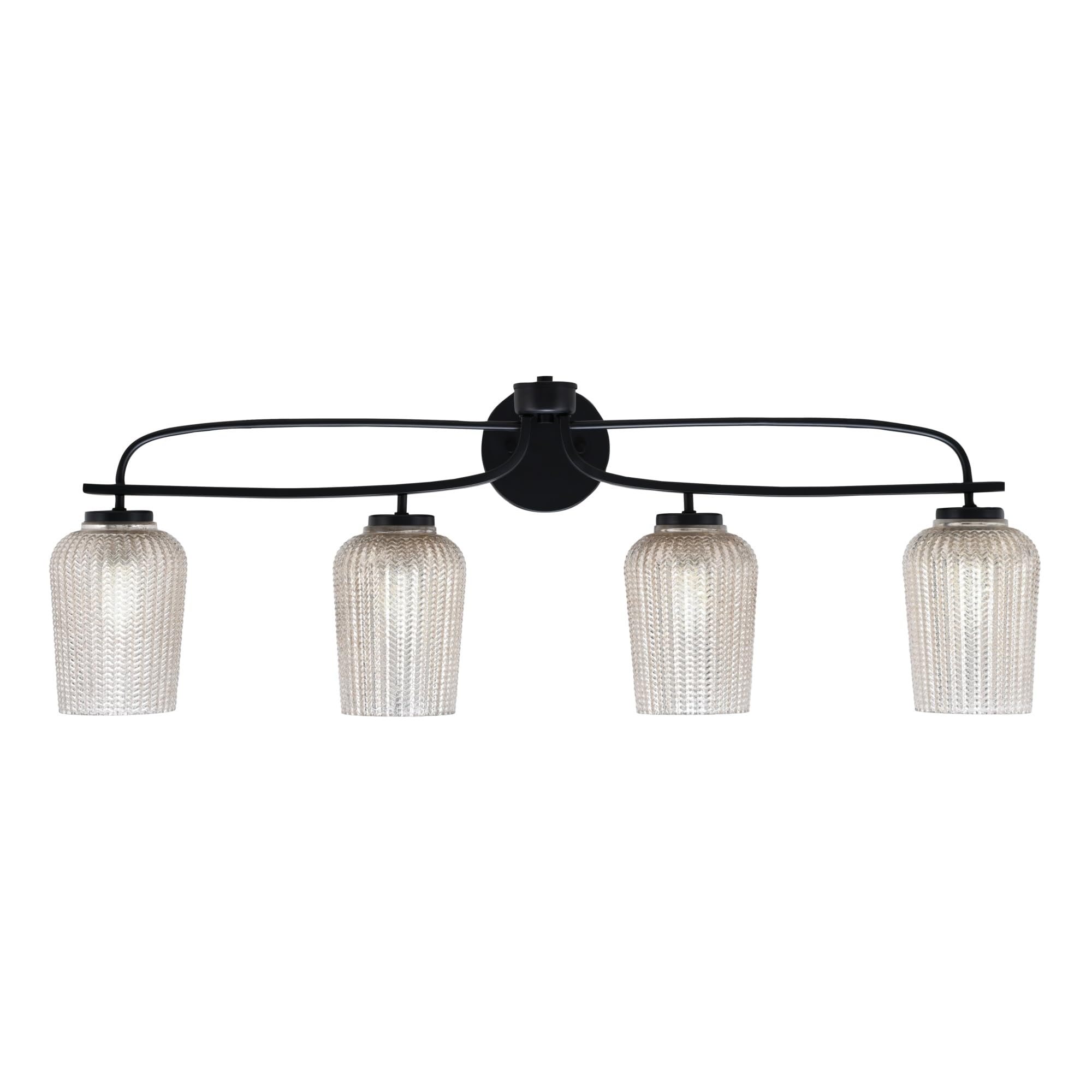 Cavella 4 Light Bath Bar Shown In Matte Black Finish With 5" Silver Textured Glass