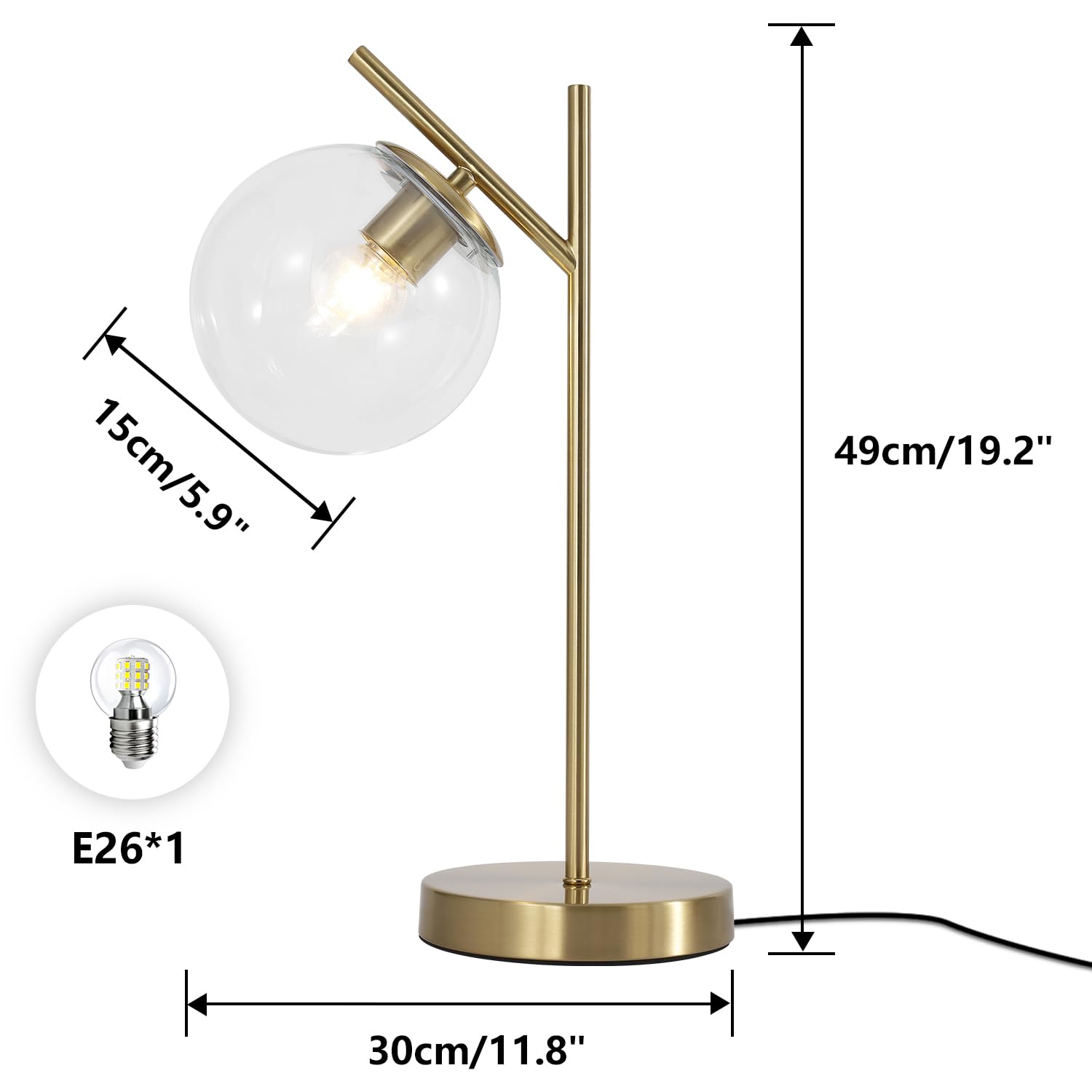 Fulesi Mid Century Modern Table Lamp Contemporary Metal Brass Bedside Lamps With Clear Glass Lampshade Gold Globe Nightstand Lam