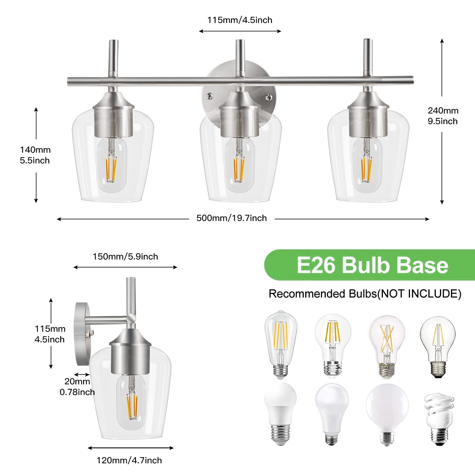 Foucasal 3-Light Bathroom Light Fixture, Brushed Nickel Vanity Lamp, Model ULB0046H-2 for Mirror, Kitchen, Bedroom, Hallway