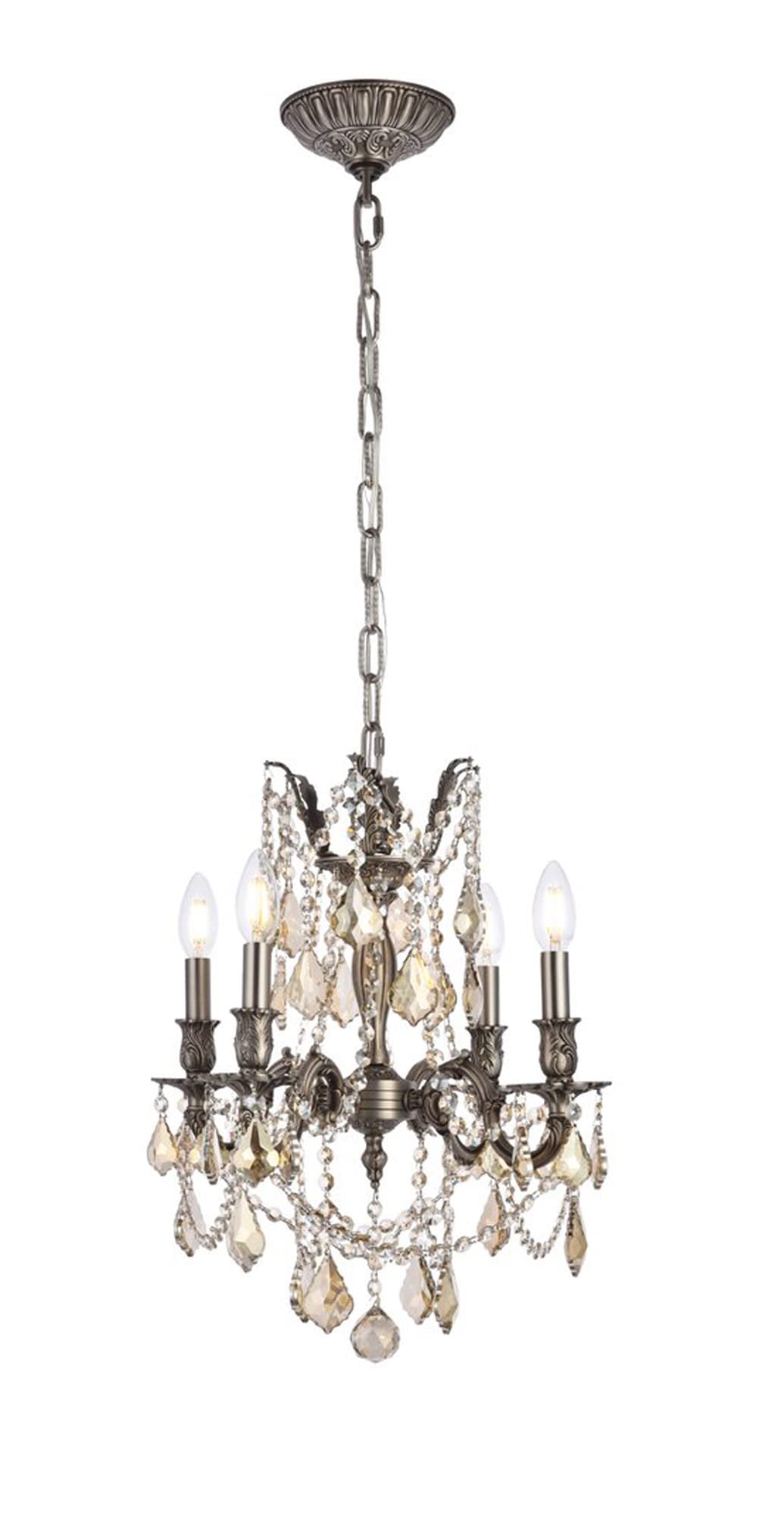 Elegant Lighting 9204D17PW-GT/RC Royal Cut Smoky Golden Teak Crystal Rosalia 4-Light, Single-Tier Crystal Chandelier, Finished in Pewter with Smoky Golden Teak Crystals, 17" x 21"