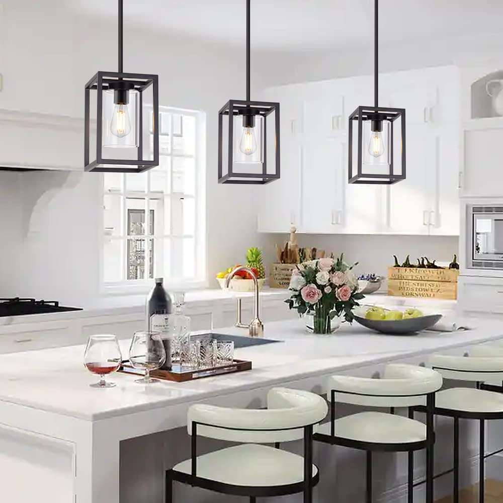 Vinluz 1 Light Farmhouse Pendant Lighting Black Cage Chandelier Glass Shade Contemporary Modern Kitchen Island Lights Fixtures C