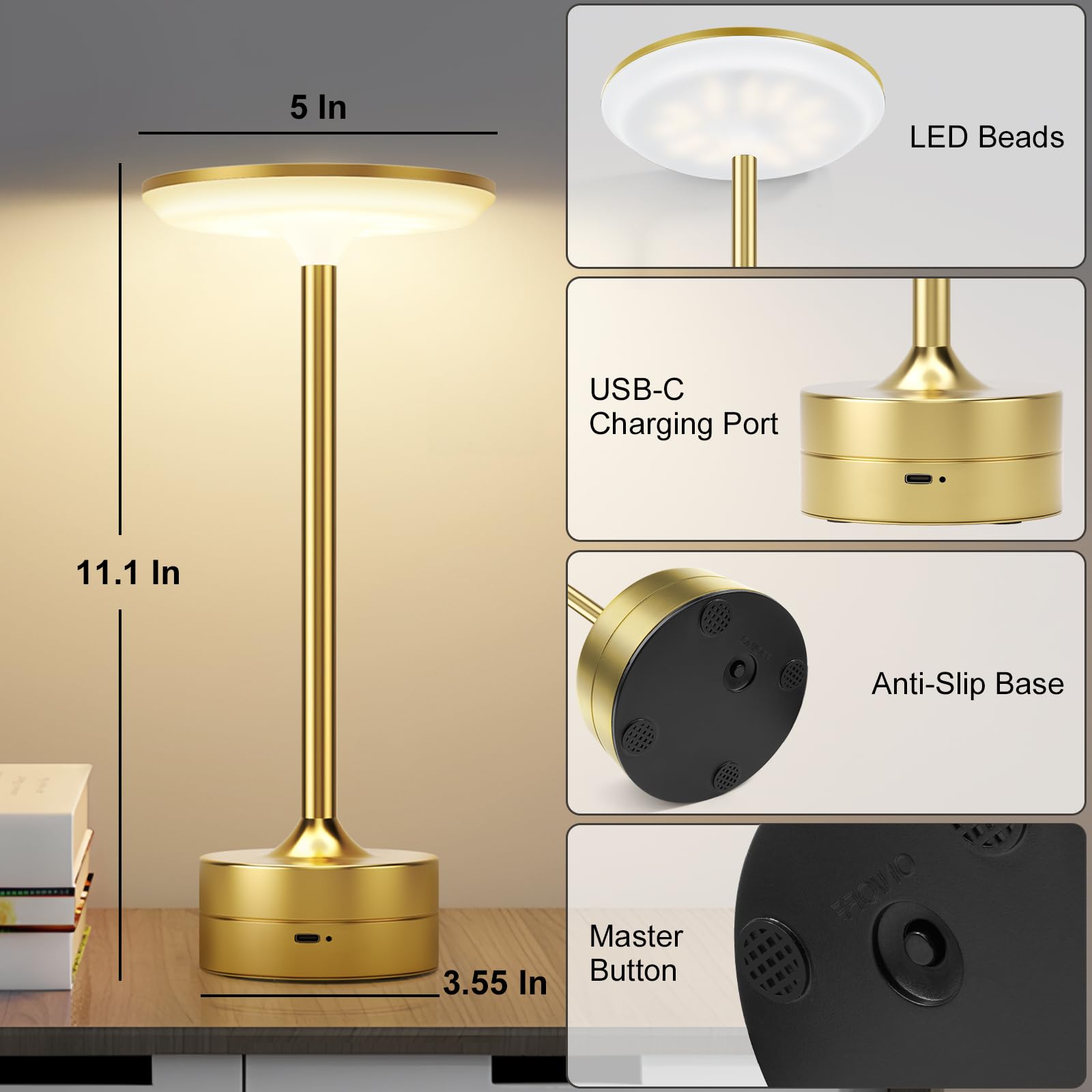 FRIDEKO HOME 2 Pack LED Cordless Table Lamps - Rechargeable, Stepless Dimmable, Gold, Model L07007-132-US-2PCS