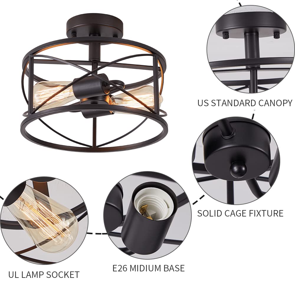 Weltrans Black 2-Light Semi Flush Ceiling Light Fixture, Metal Cage Pendant For Home Decor