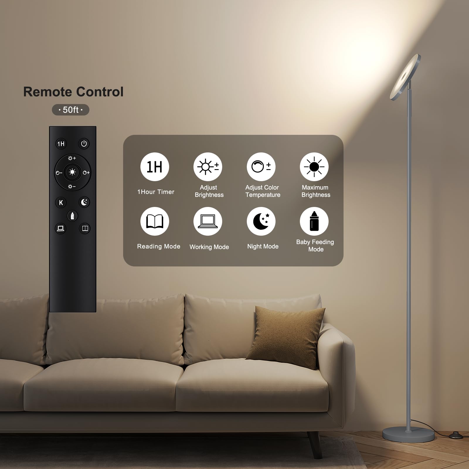 SUNMORY LED Floor Lamp, 32W/3000LM Bright Torchiere, 69" Tall, Gray Metal, Remote Control, Stepless Dimmable for Living Room/Office