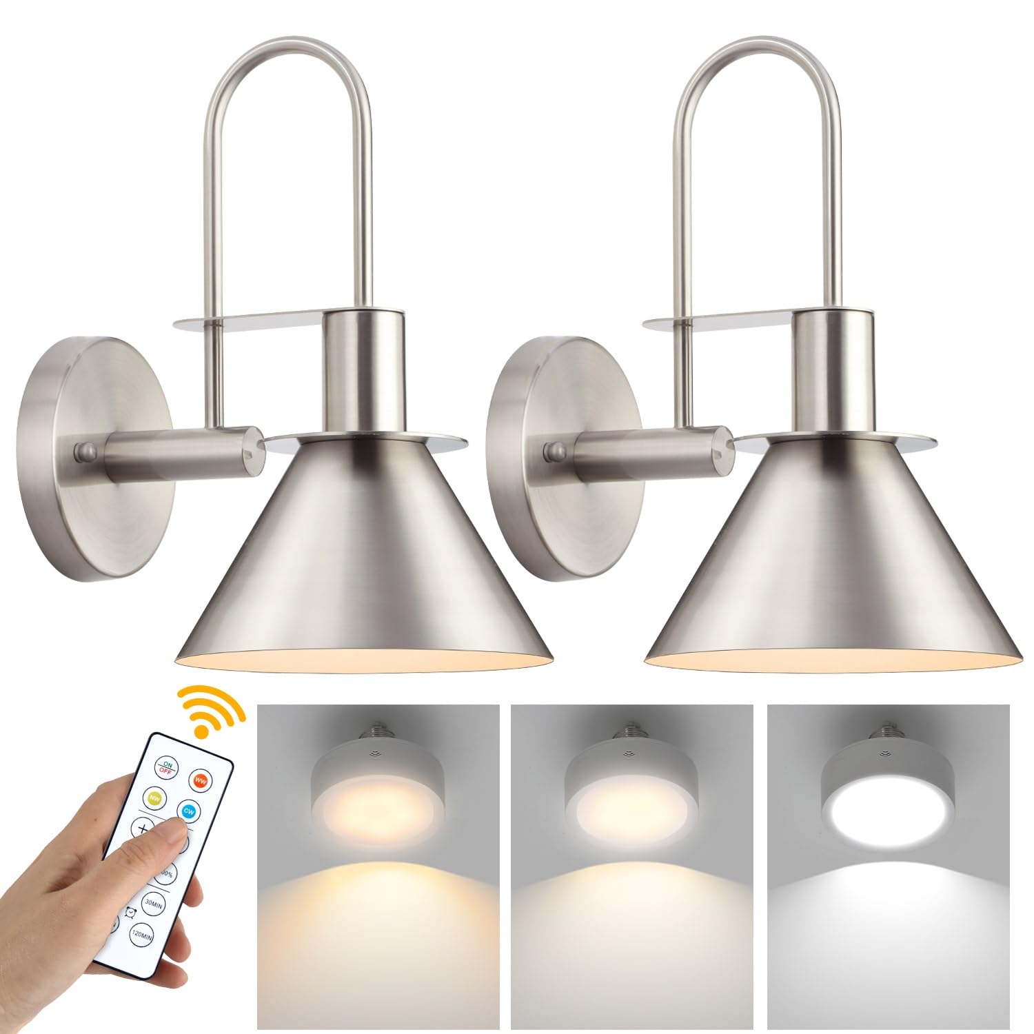Novantl Brushed Nickel Battery Operated Wall Sconce, Wireless Battery Operated Wall Lights, Wall Sconces Set Of Two Battery Operated, Remote Wall Sconces Battery Operated For Gallery, Bedroom