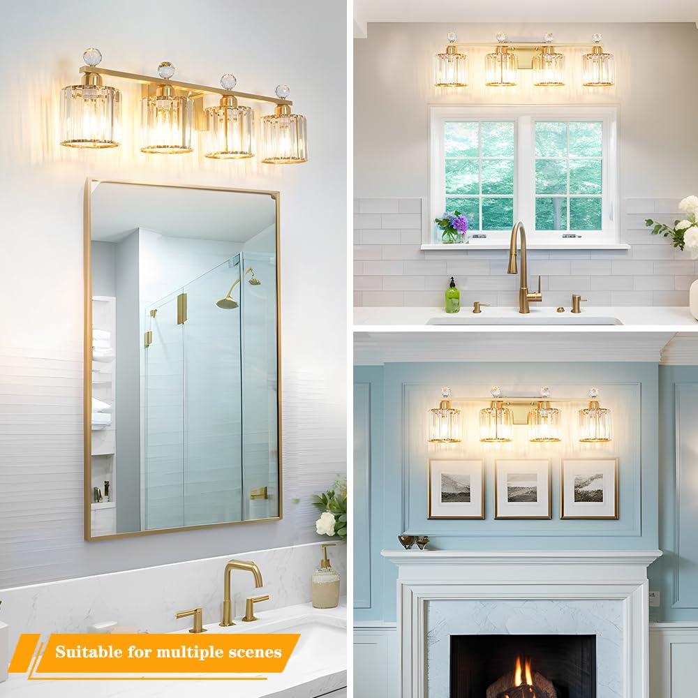Modern Crystal Bathroom Vanity Light  4-Lights Bathroom Light Fixtures  Brass Gold Vanity Lighting Fixtures Over Mirror  Brushed Wall Sconce Light For Bedroom  Kitchen  Living Room  Gallery  E26 Base