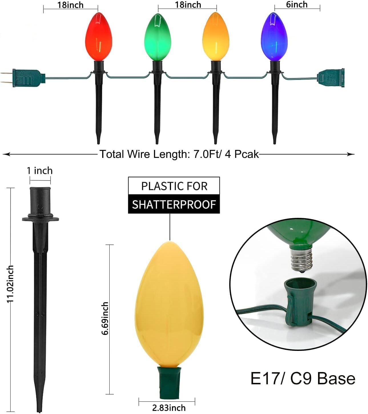 Konictom Christmas Lights Jumbo C9 Outdoor Decorations, 7Ft Multicolor String Lights, 2 Pack