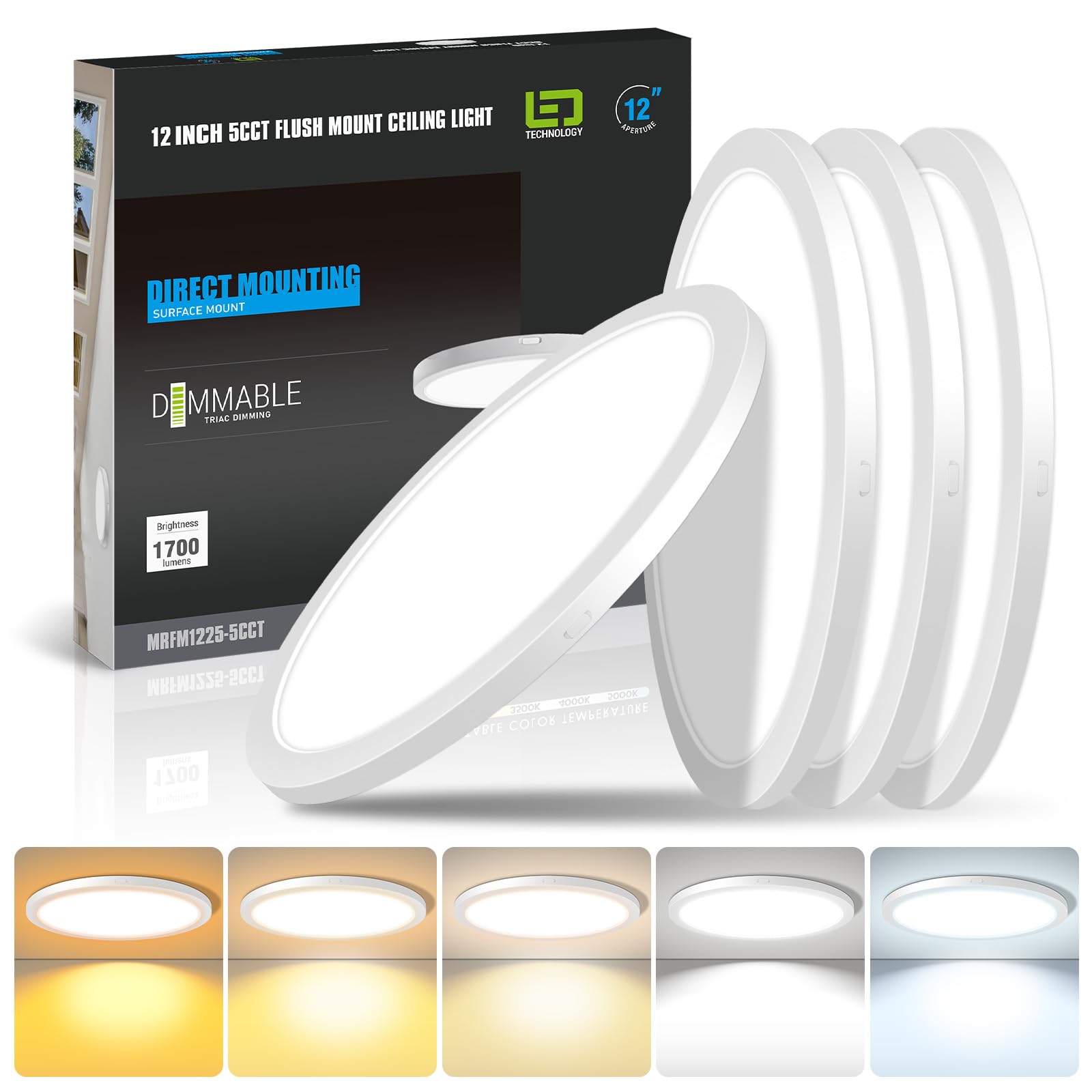 Mw 4 Pack Led Flush Mount Ceiling Light Fixture, Modern Kitchen Recessed Ceiling Lamp 2700K/3000K/3500K/4000K/5000K White 25W, 1
