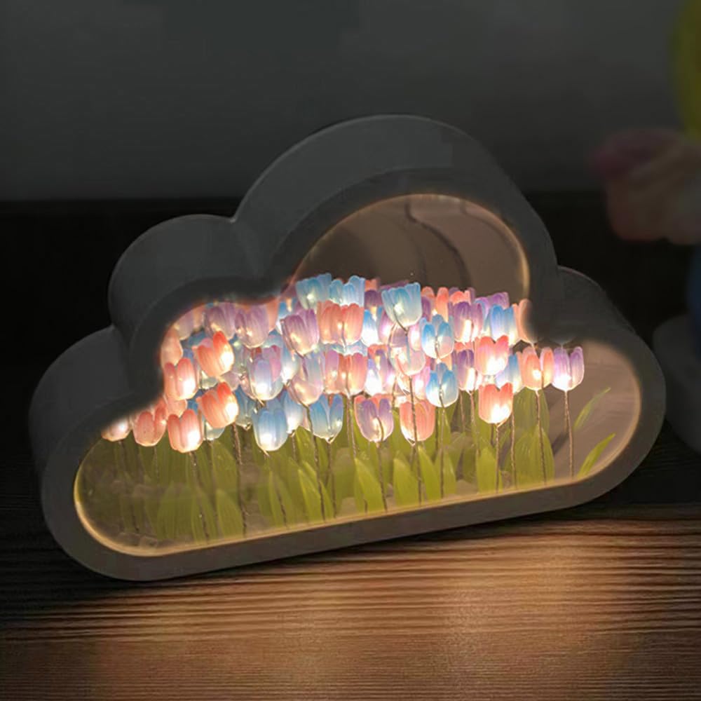 Logazoo (20 Flower) Tulip Lamp Night Light With Mirror  Assembled Artificial Flower Lamp Table Light Bedroom Decoration Gift For Women Girlfriend Sisters Desk Table Decor  Cloud Design (Multicolor)