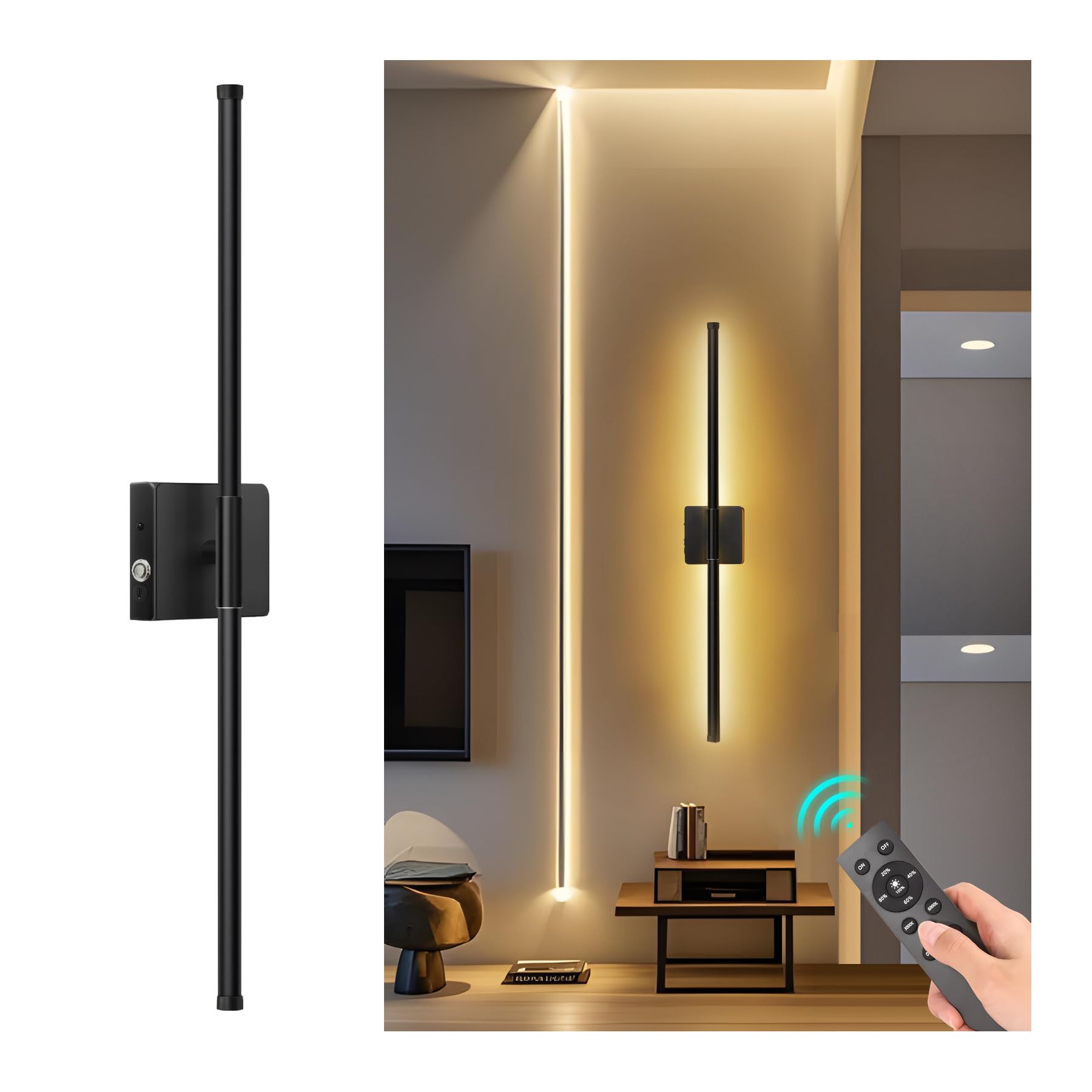 JEAYYDSI Battery Operated Wall Sconces, Dimmable LED, Remote Control, USB Rechargeable, Black, Model GG-Lighting M