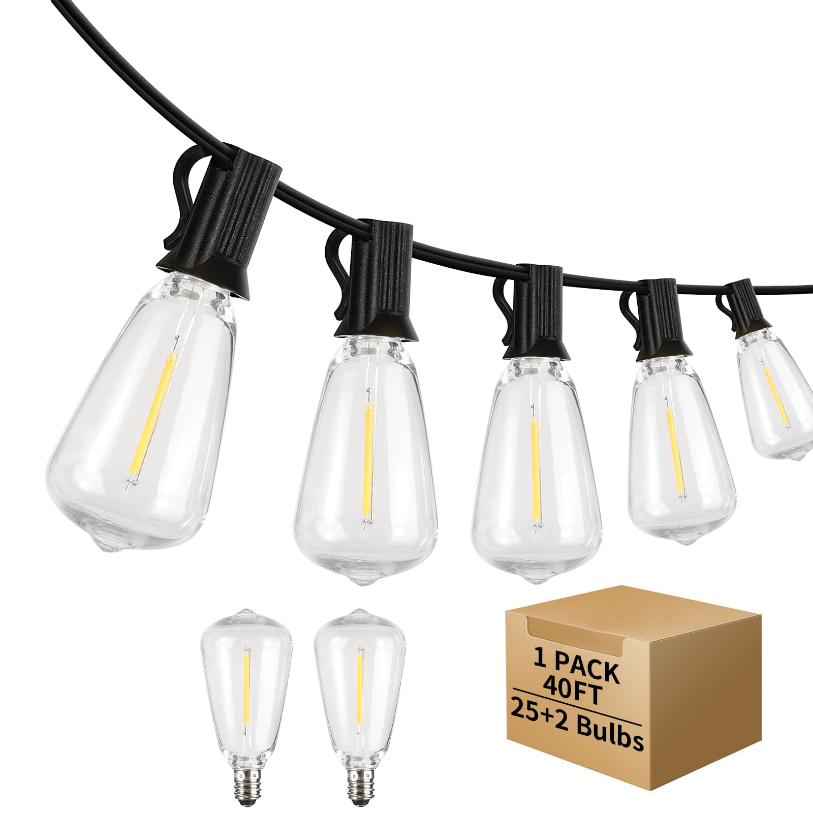 ShineU LED Outdoor String Lights, 40FT, G40 Globe, Waterproof, 27 Shatterproof Bulbs, Clear Light 2700K