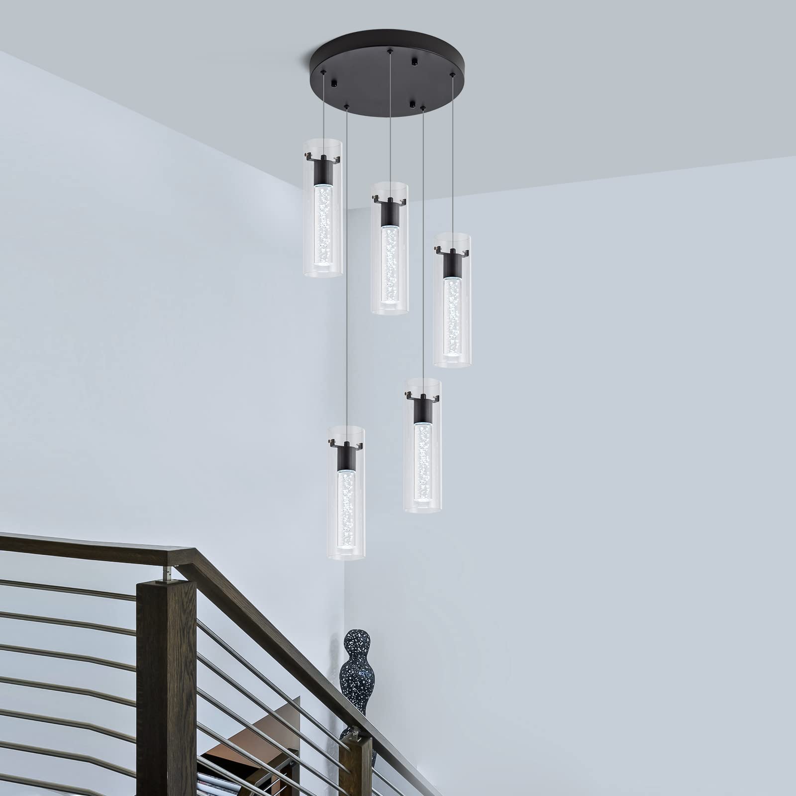 votag LED Pendant Light, 5-Light Over Island, Black Aluminum Model PI-0172A5R-40W-BK